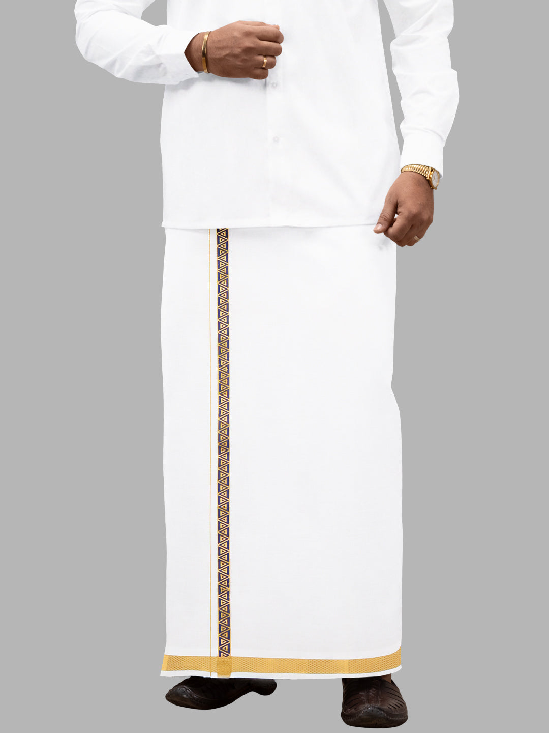 Men Cotton Blend Single Layer White Dhoti with Double Side Fancy Jari Border GP02