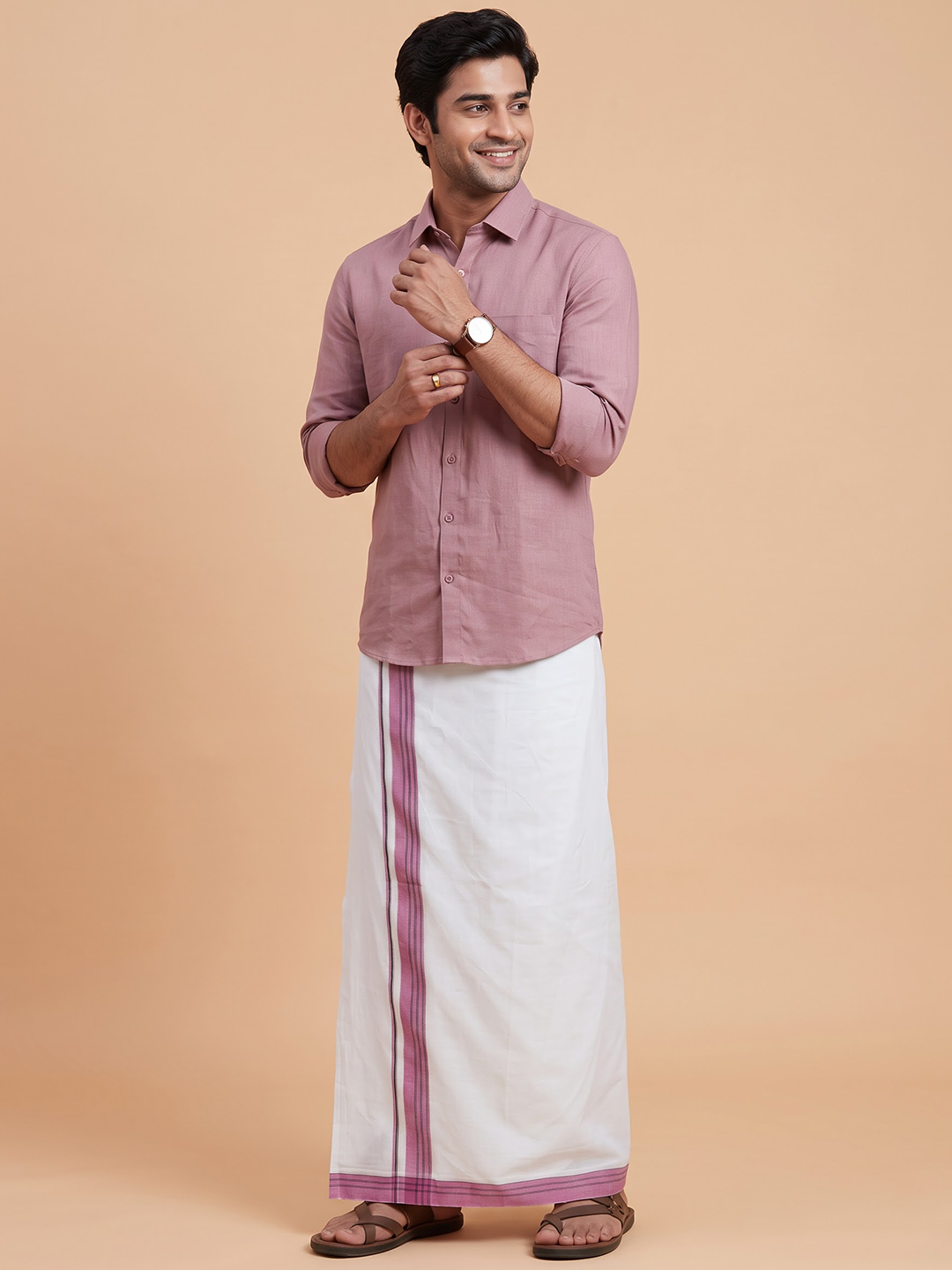 Double Layer 100% Cotton White Dhoti With Colour Jari Border - EJF34