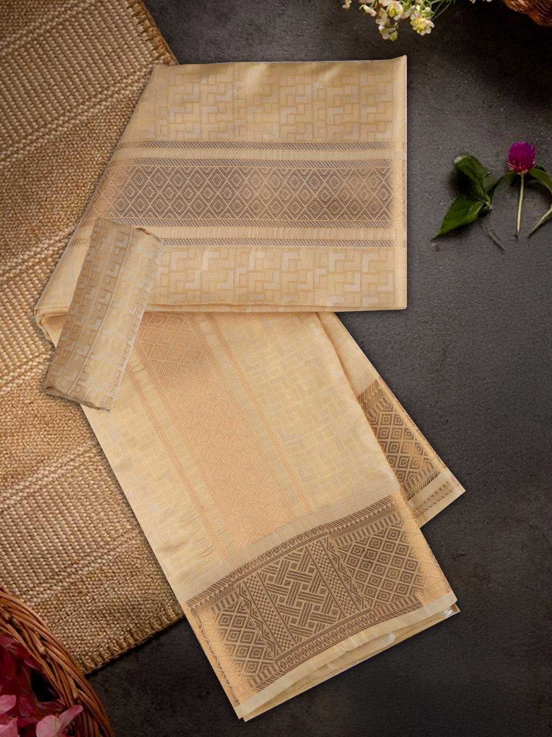 Men Art Silk Jari Dhoti & Shirting Peach Mangalakara Set 140k (2 in 1)