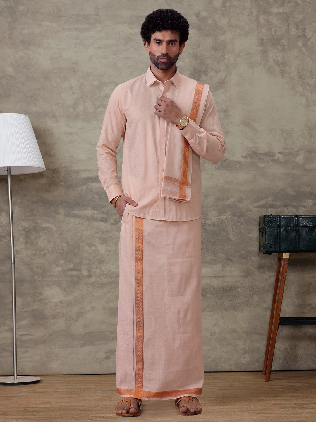 Tissue Copper Jacquard Shirt, Dhoti & Towel Set CD11
