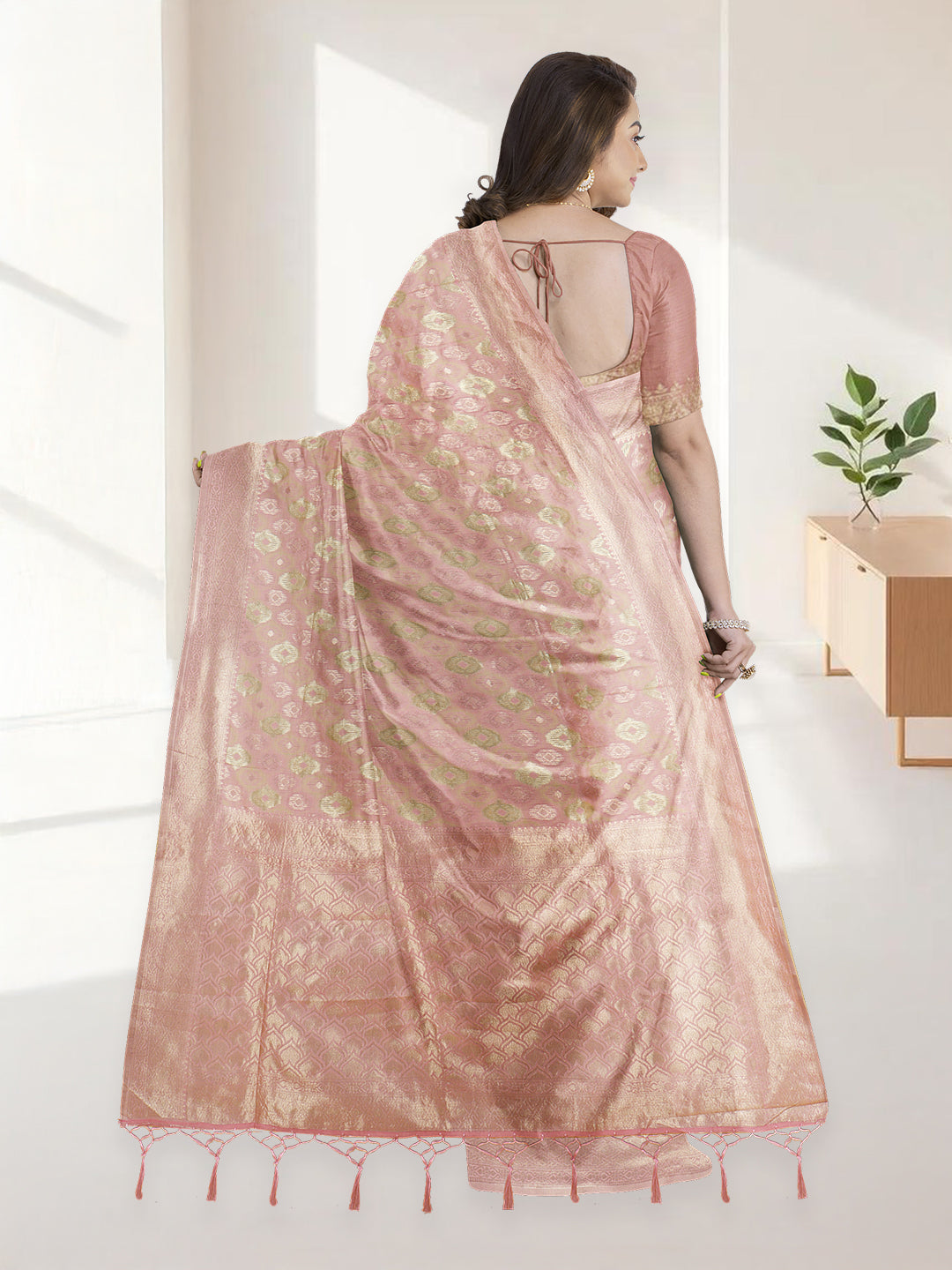 Women Peach Cotton Weaving Saree PCS191