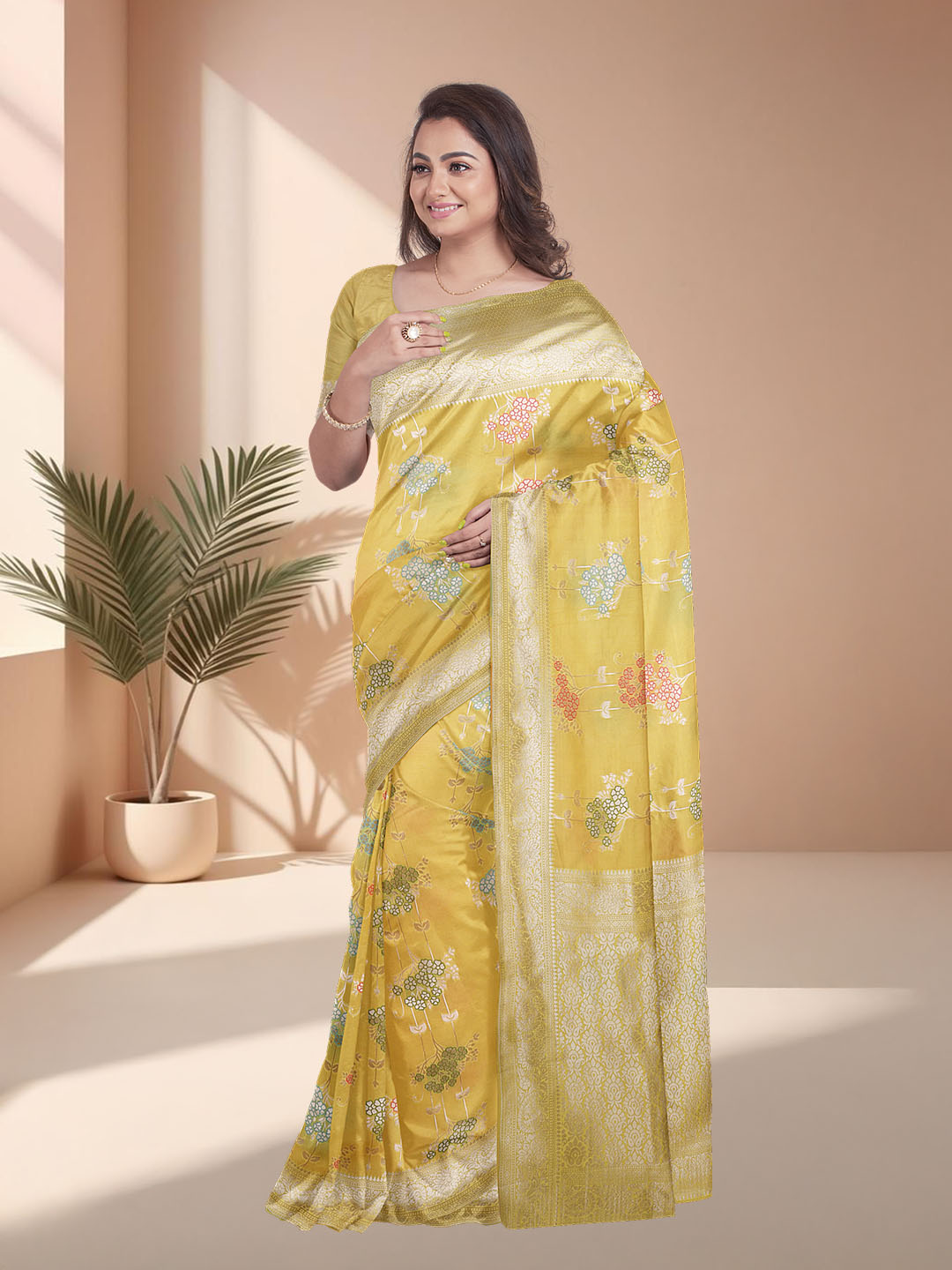 Women Yellow Art Silk Printed Saree ASS81