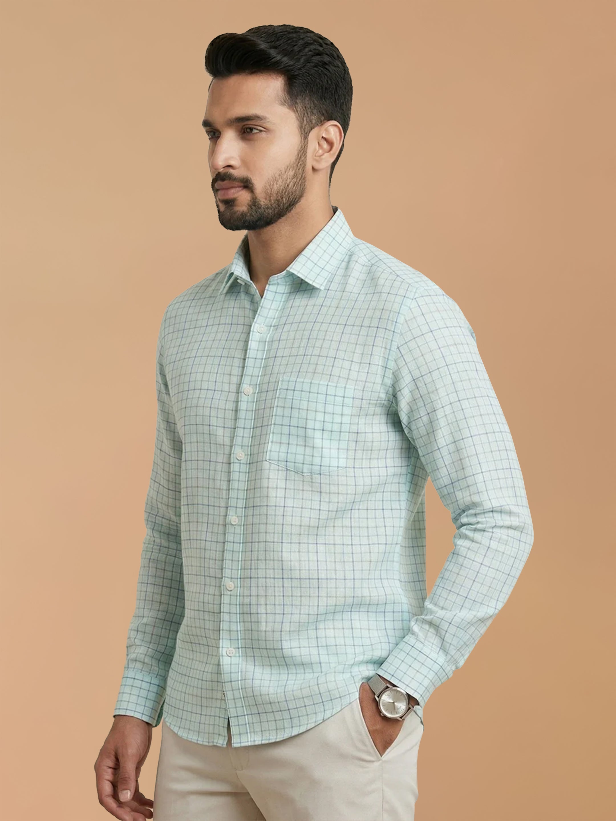 Pure Linen LT Blue Checked Smart Fit Shirt LS147