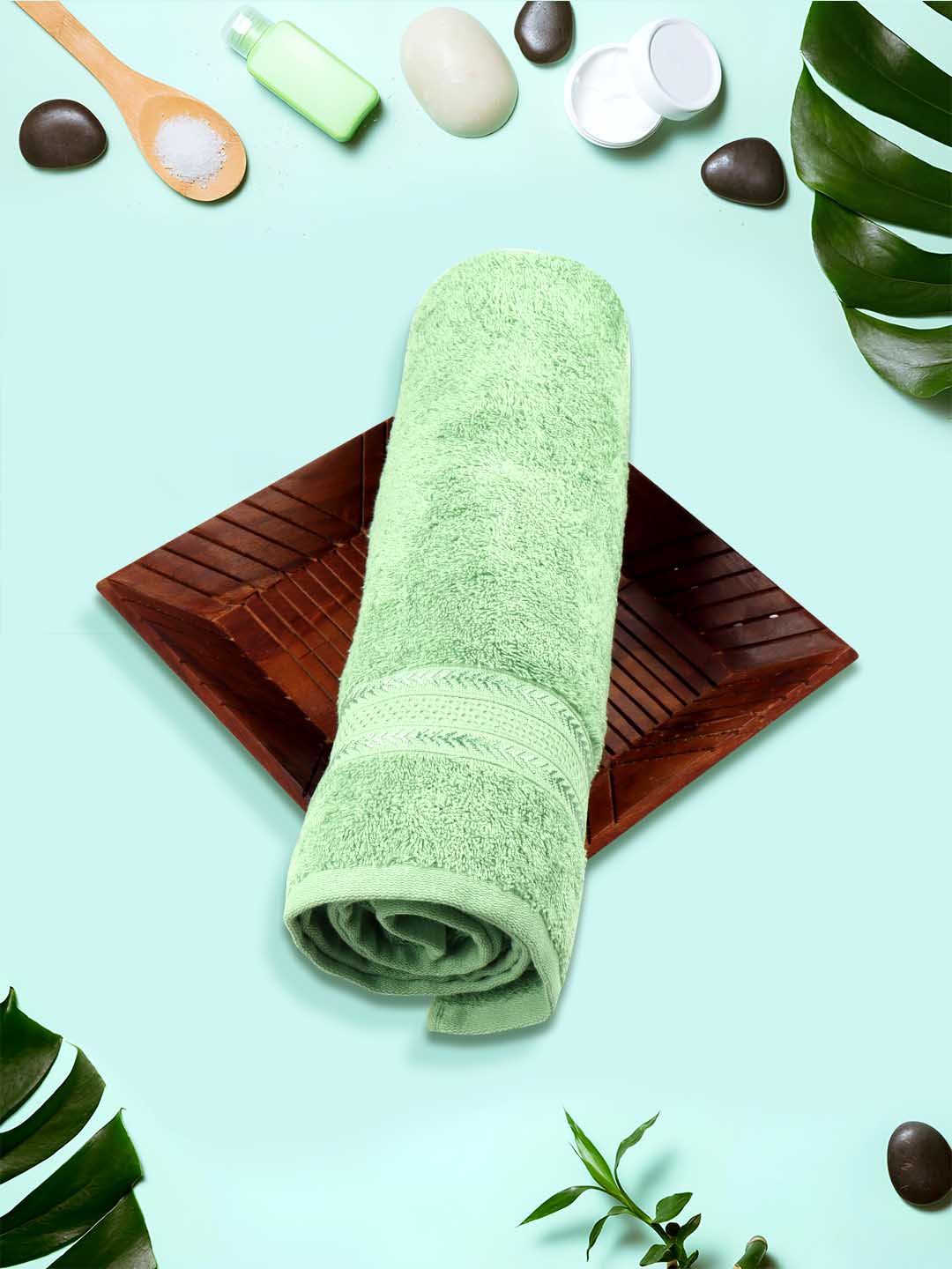 Premium Soft & Absorbent Cotton Bamboo Light Green Terry Bath Towel BC2-Roll view