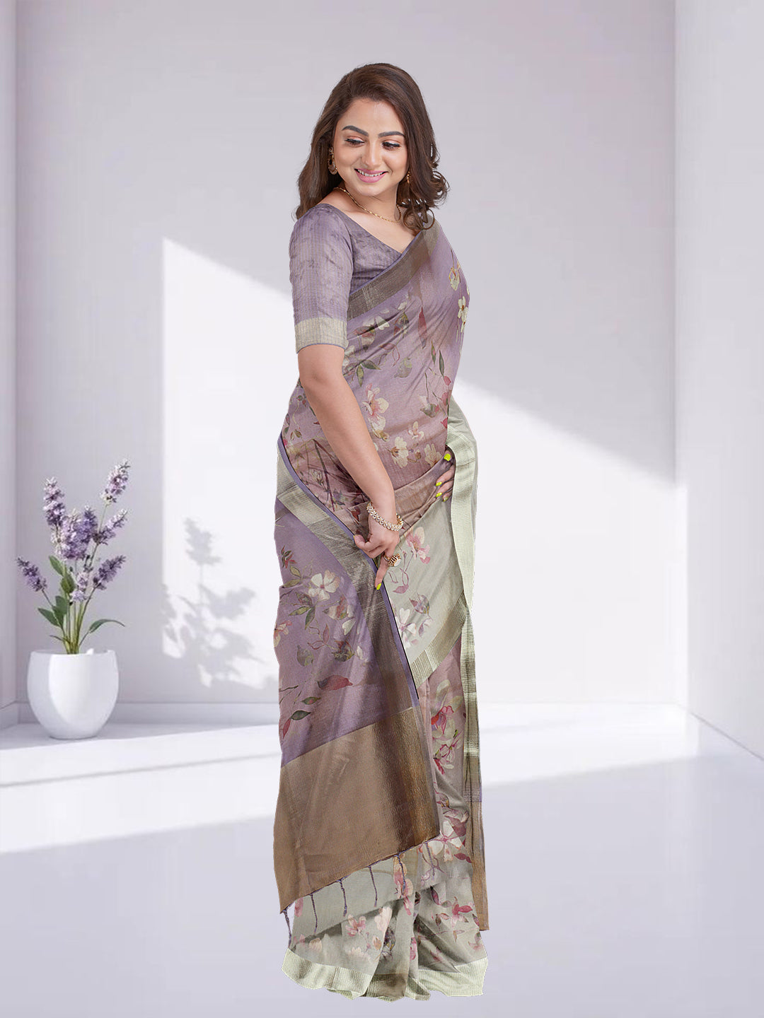 Women Violet Tissue Printed Saree TS45