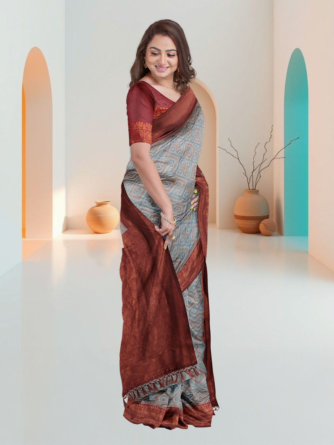 Women Blue Art Silk Printed Saree ASS49