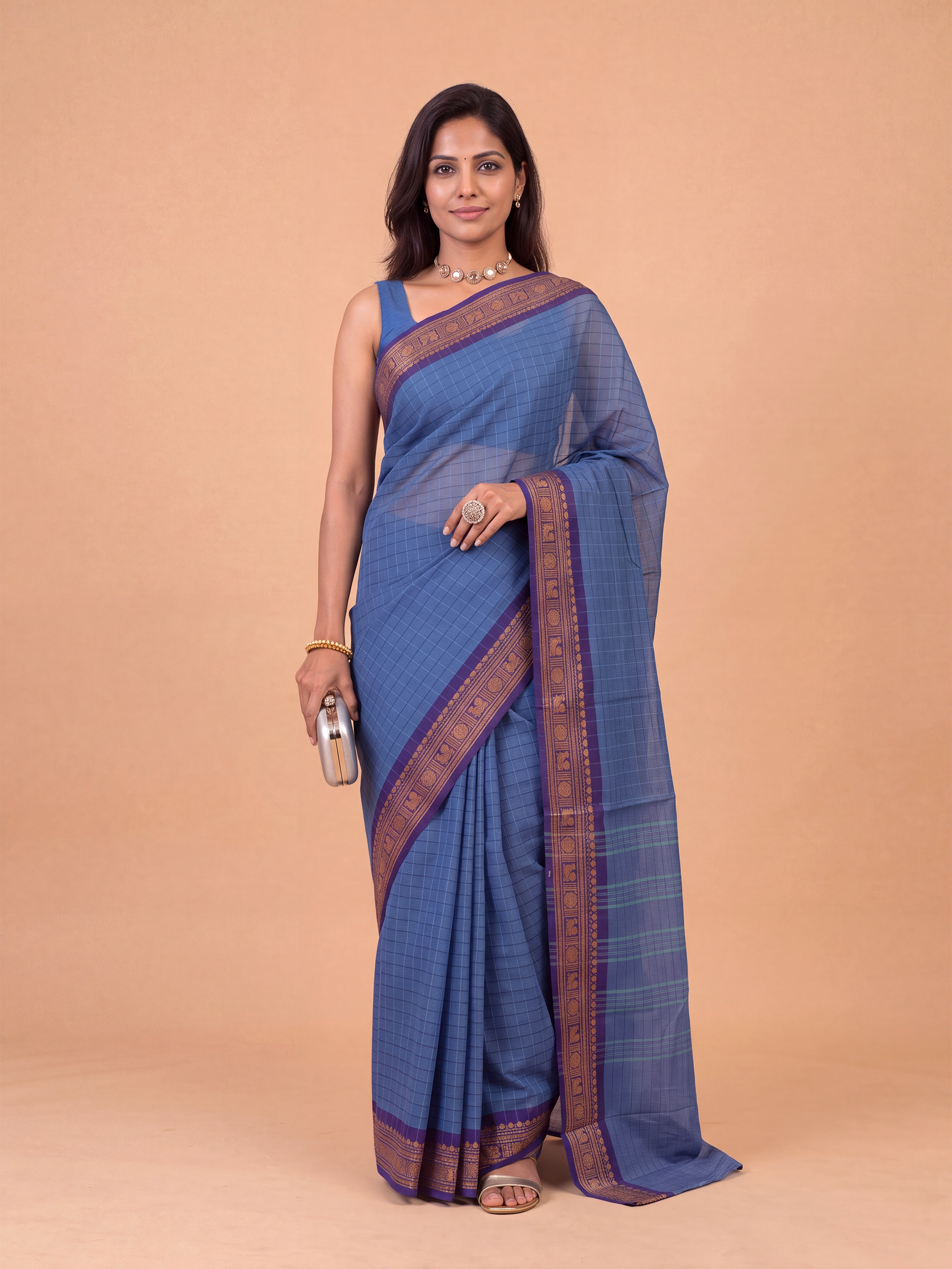 Women Chettinad Cotton Blue Saree CCS06