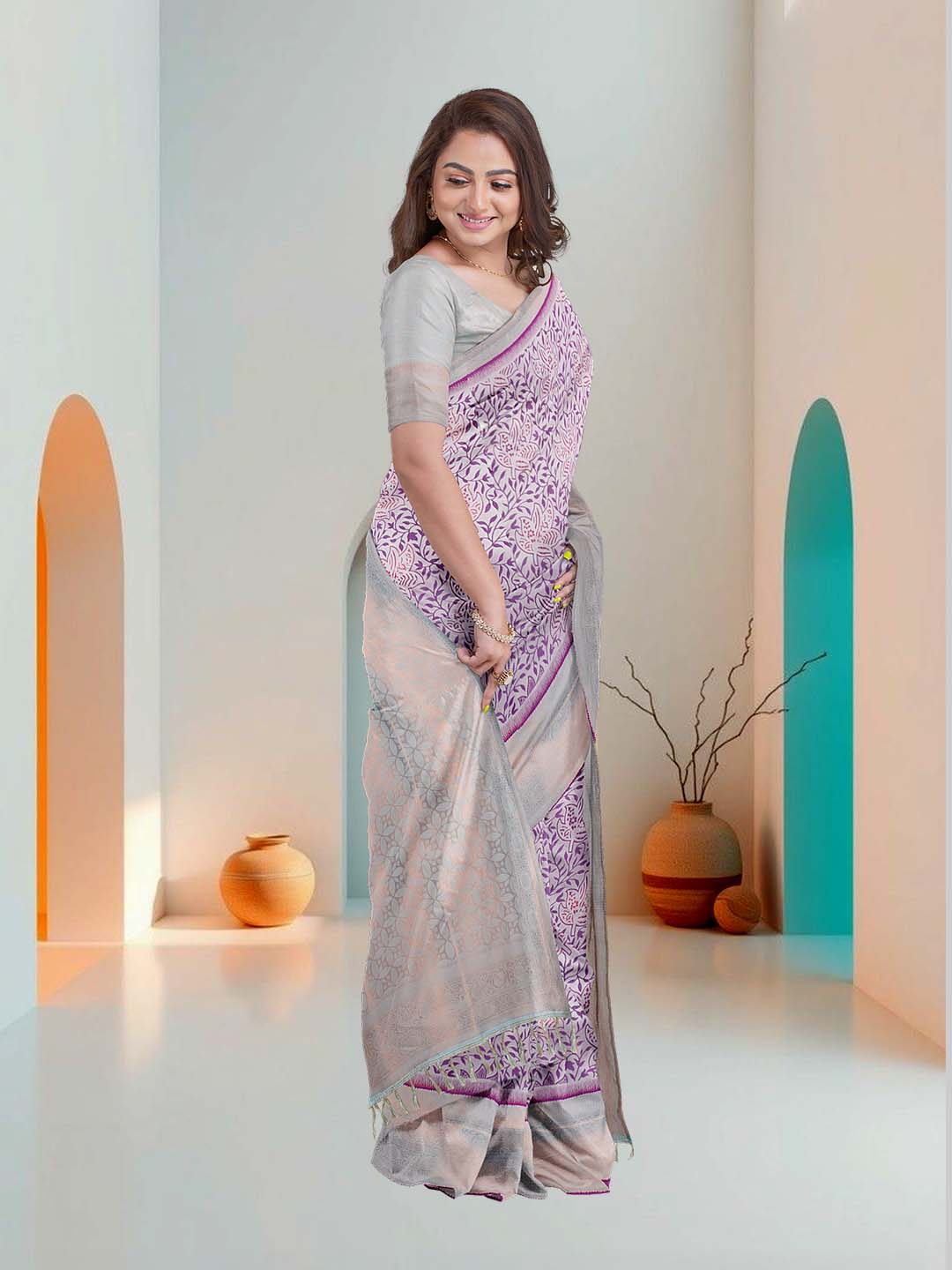 Women Grape with Green Art Silk Printed Saree ASS64
