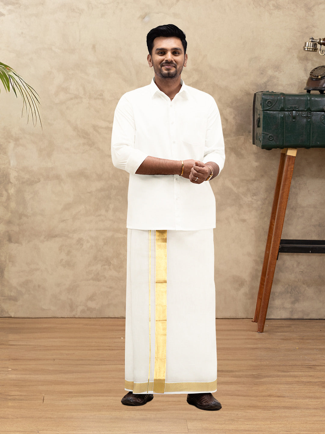 Men Kora Cotton Double Layer Dhoti with Gold Jari Border Chingam 5029
