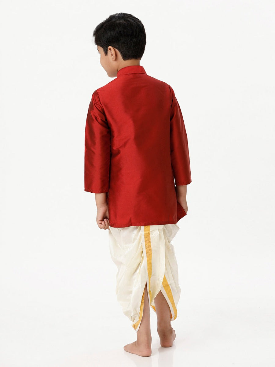 Boys Silk Cotton Full Sleeves Red Kurta with Panchakacham Combo-Back view
