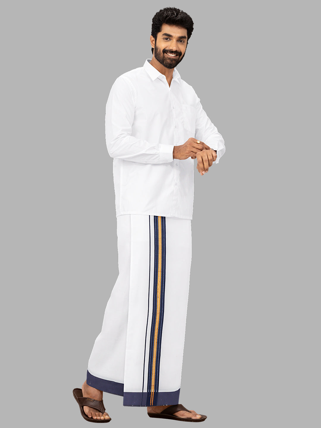 Men Navy Fancy Jari Border Single Layer Adjustable Pocket Dhoti GACJ34