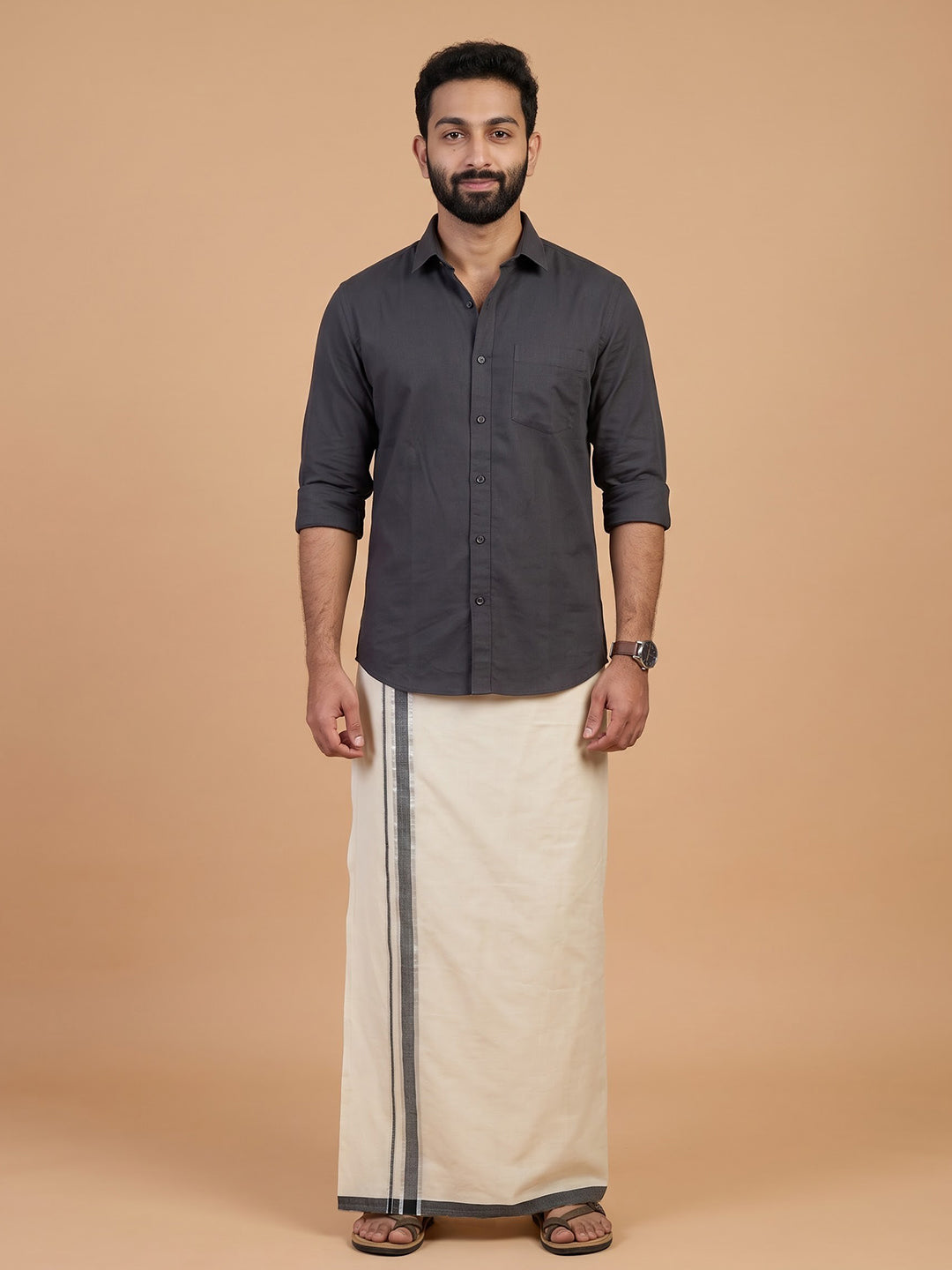 Double Layer 100% Cotton Cream Kora Dhoti with Colour Jari Border - KJ03