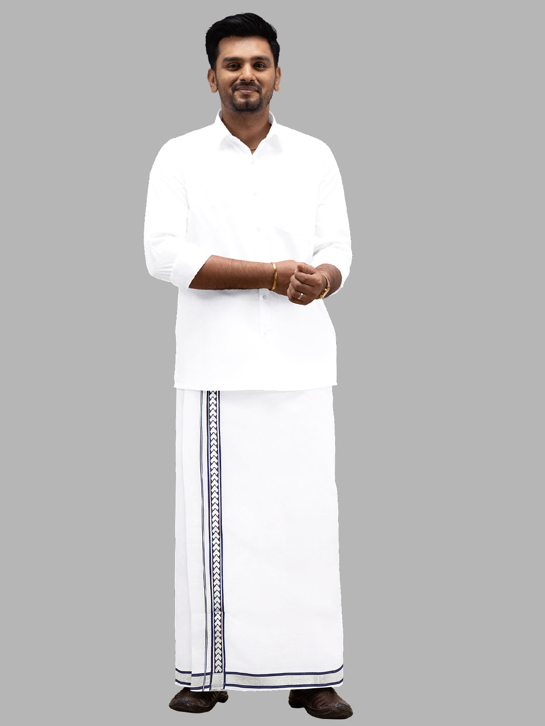 Men Blue Fancy Jari Border Single Dhoti