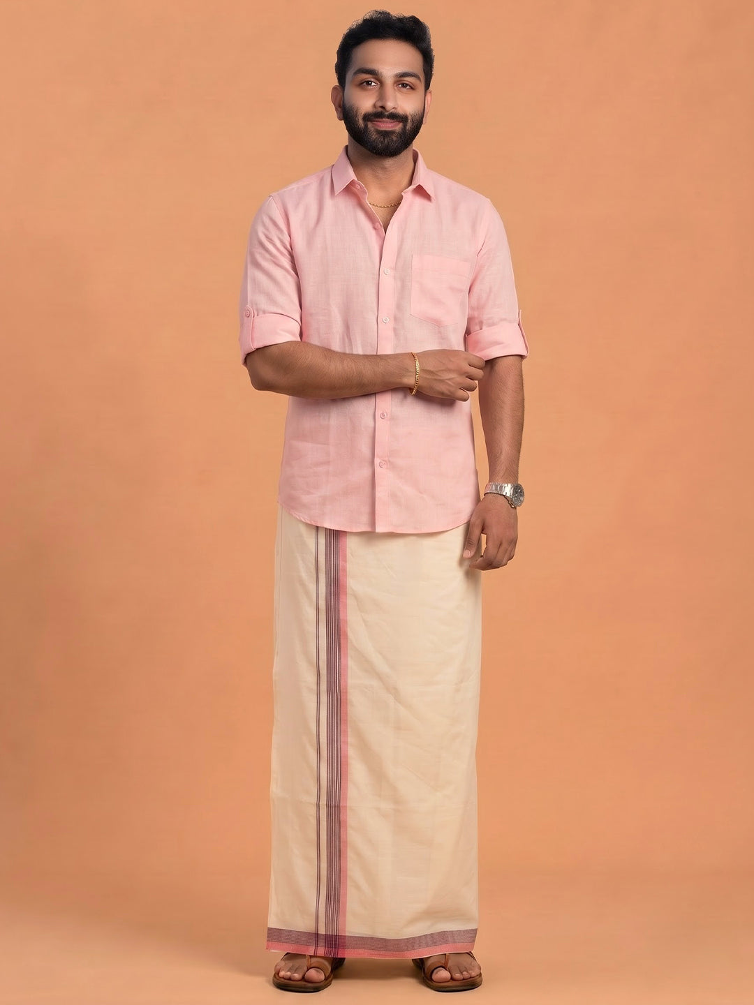 Double Layer 100% Cotton Cream Kora Dhoti with Colour Border - RKF07