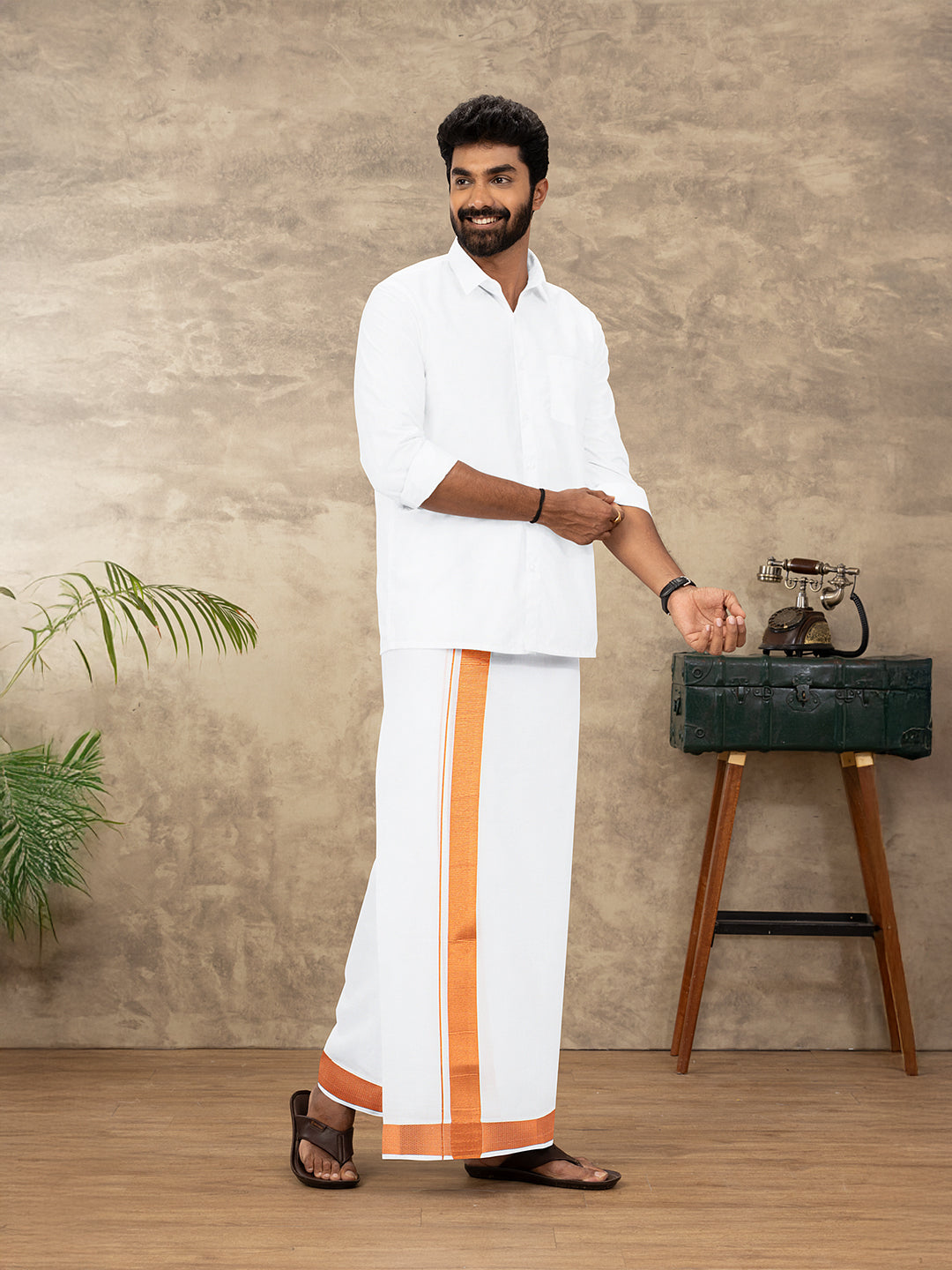 Men 100% Cotton Double Layer White Dhoti with 1 1/4"Copper Jari Border Vetha