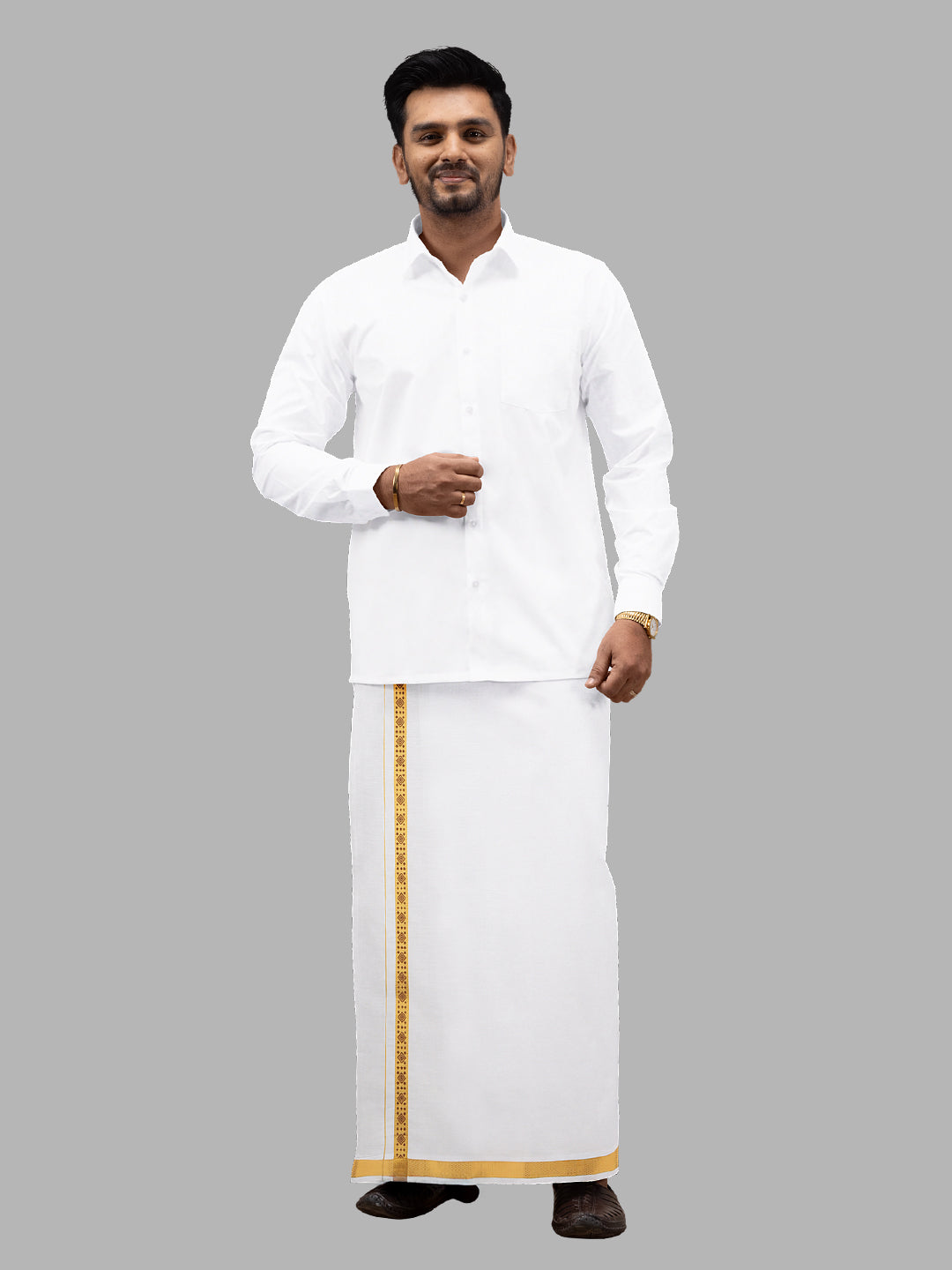 Men Cotton Blend Single Layer White Dhoti with Double Side Fancy Jari Border GP01