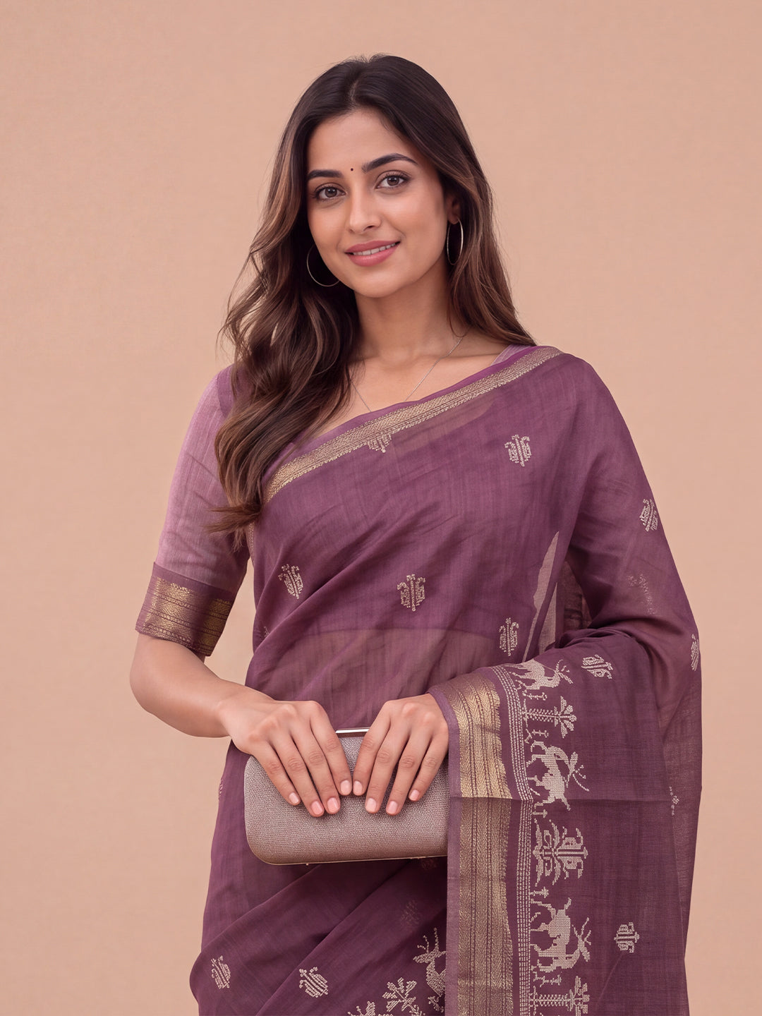 Women Semi Linen Dark Purple Embroidered Saree SL271