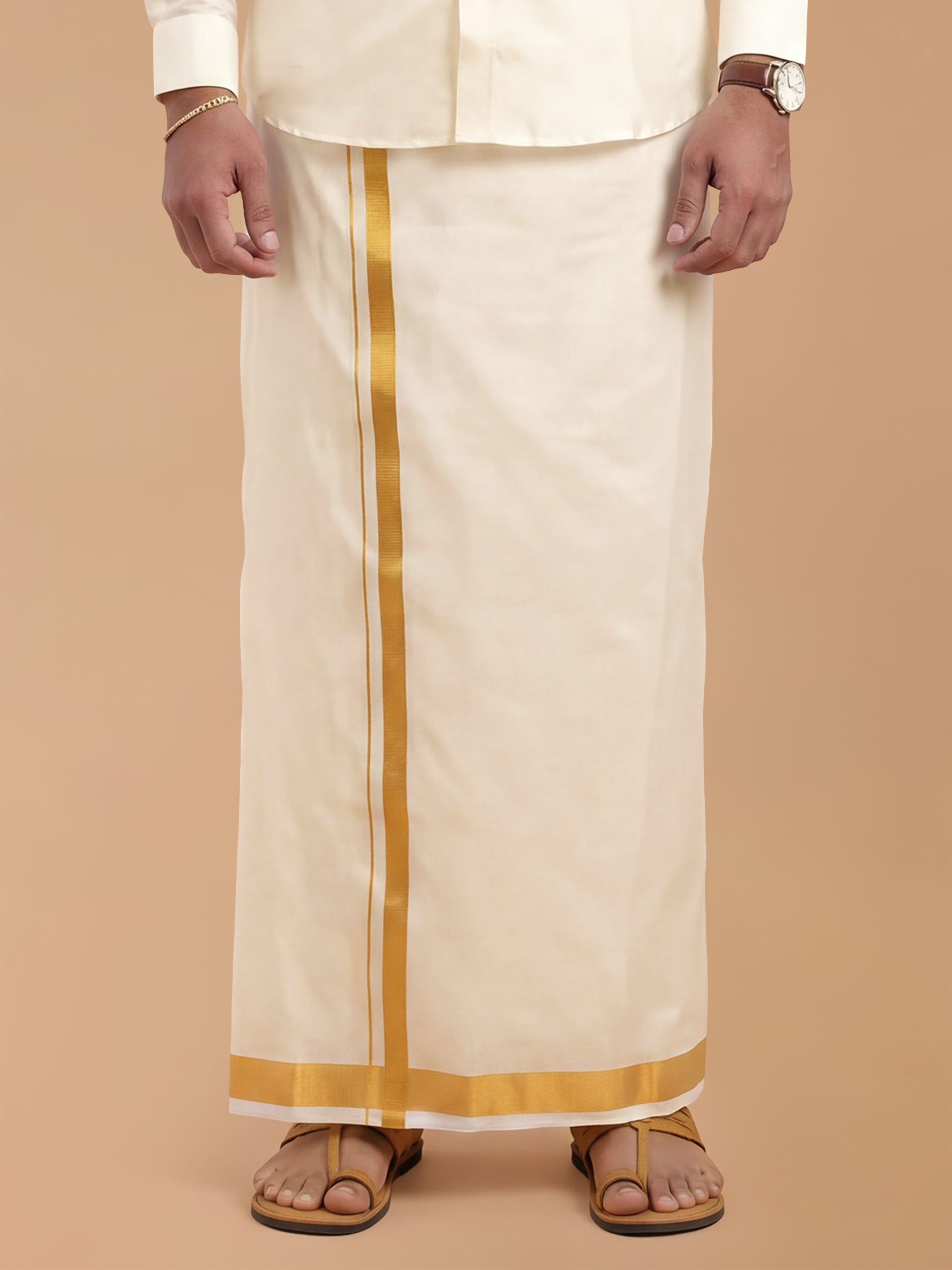 Silk Cream Double Dhoti 1" Gold Jari Border Suba Vivaga