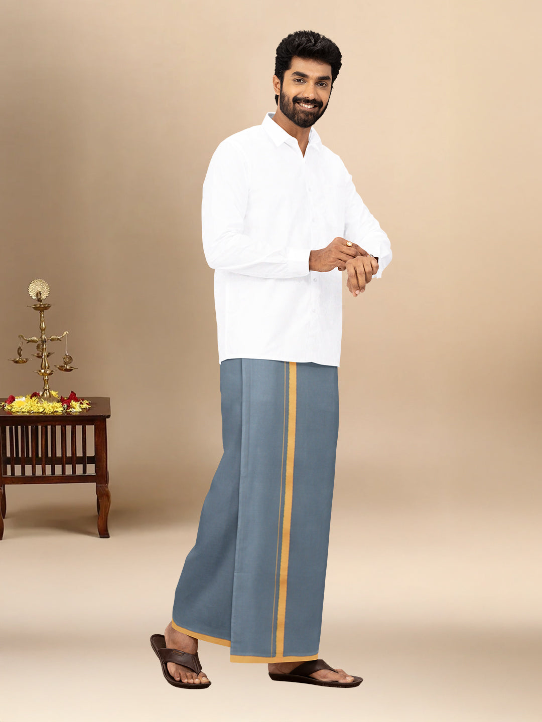 Men 100% Cotton Single Layer Steel Grey Dhoti with Big Border Poojan