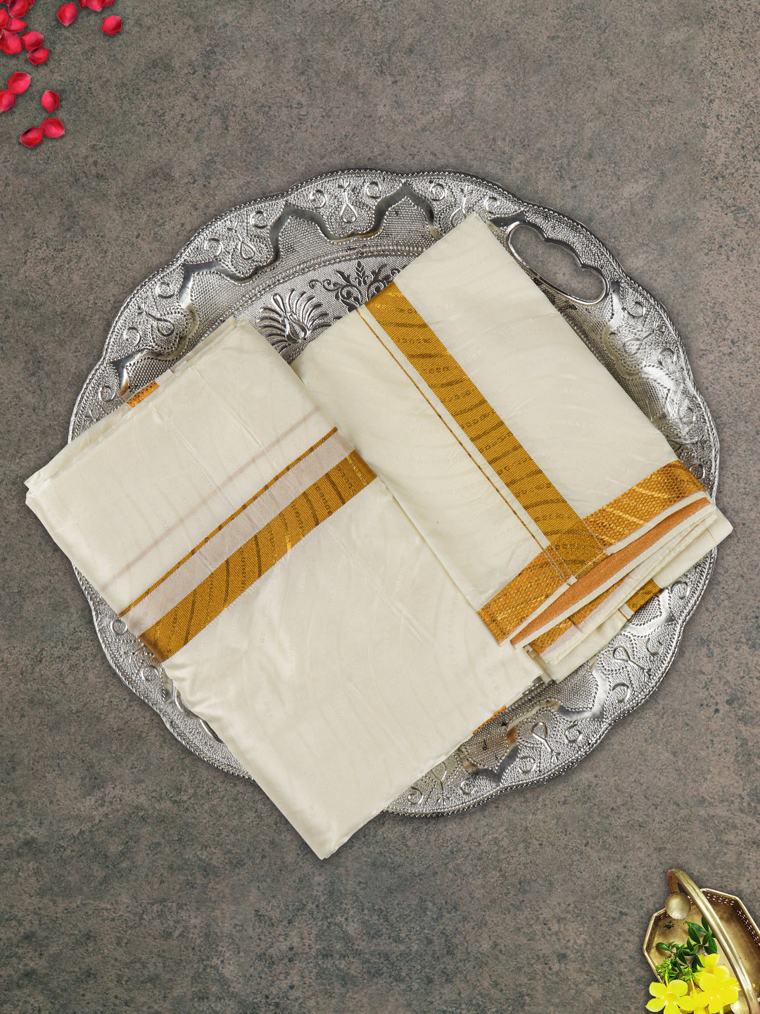 Men Gold Border Double Dhoti & Towel Set Ishwaryam Embose