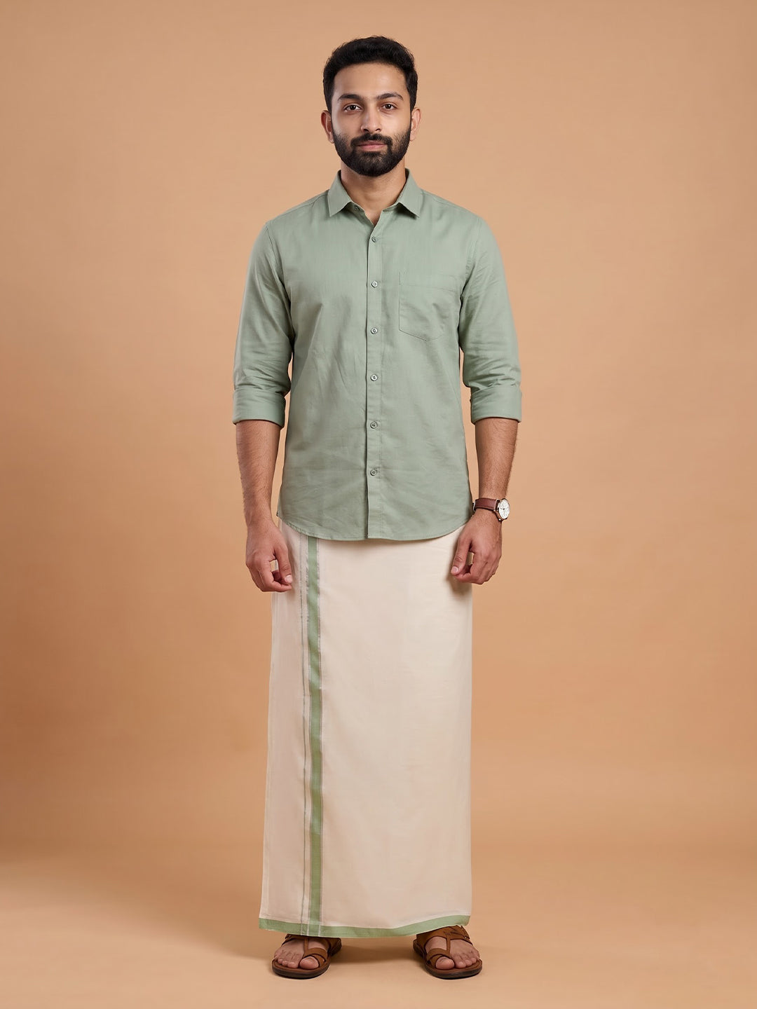 Double Layer 100% Cotton Cream Kora Dhoti with Colour Border - KJ01