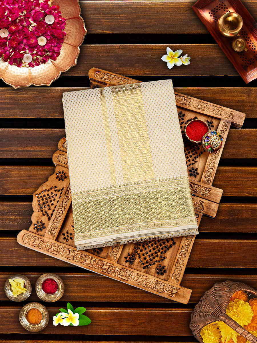 Premium Pure Silk Cream Tissue Jaquard Dhoti With Angavastram 4" Jari Border Agarshanaa