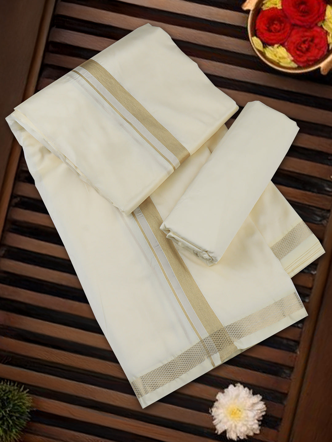 Men Art Silk Jari Dhoti & Shirting Set Gold Shubha Hora (3*1)