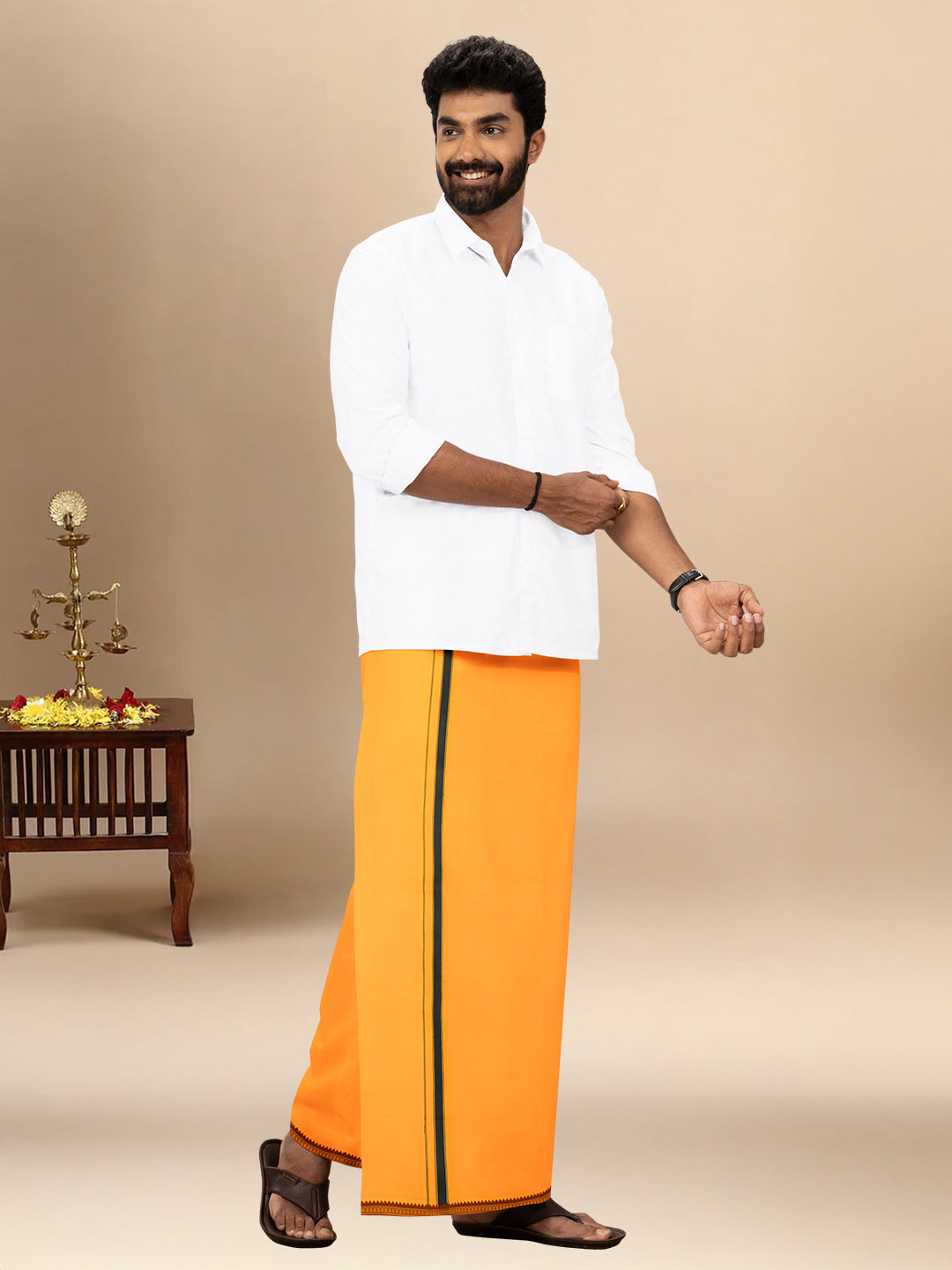 Men 100% Cotton Single Layer Mango Dhoti with Mayilkhan Border Slokam (4 Way Dhoti )