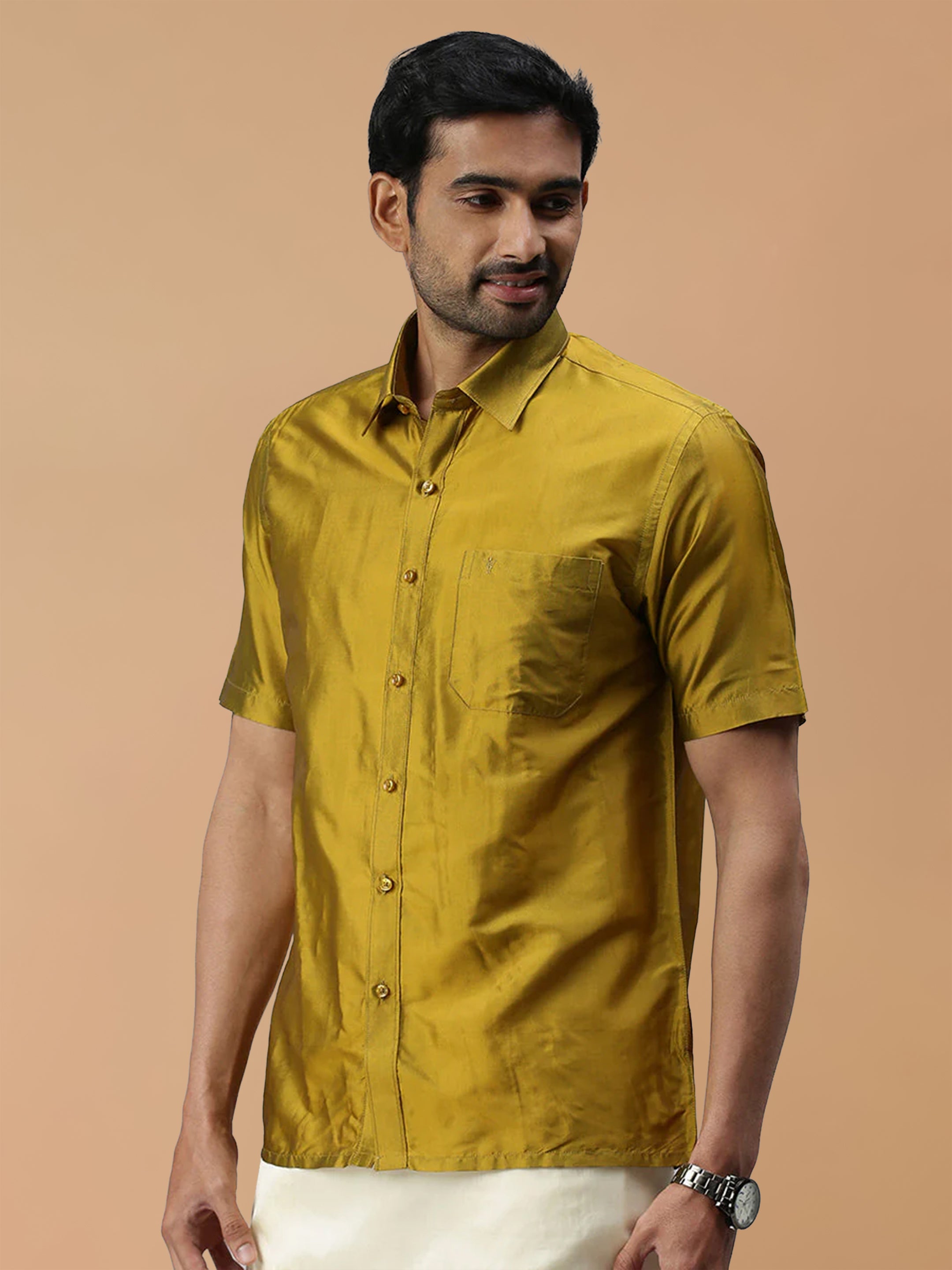 Silk Feel Olive Green Shirt - Regular Fit
