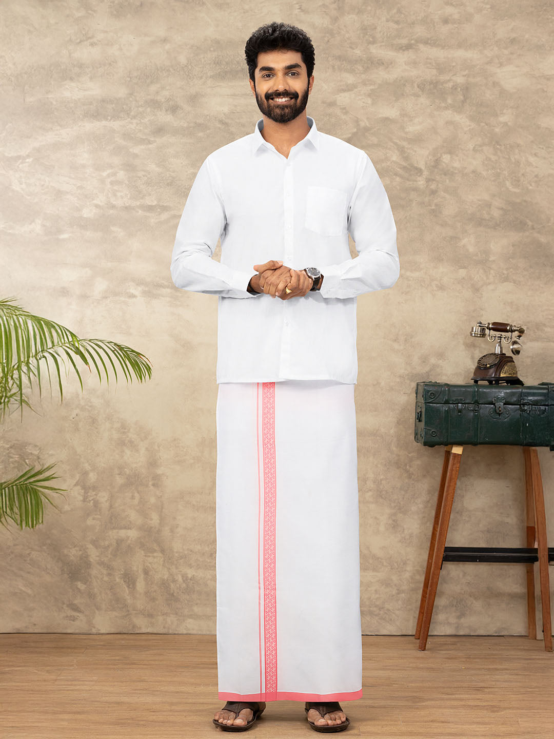 Men Cotton Blend Single Layer White Dhoti with Double Side Fancy Border HM 11