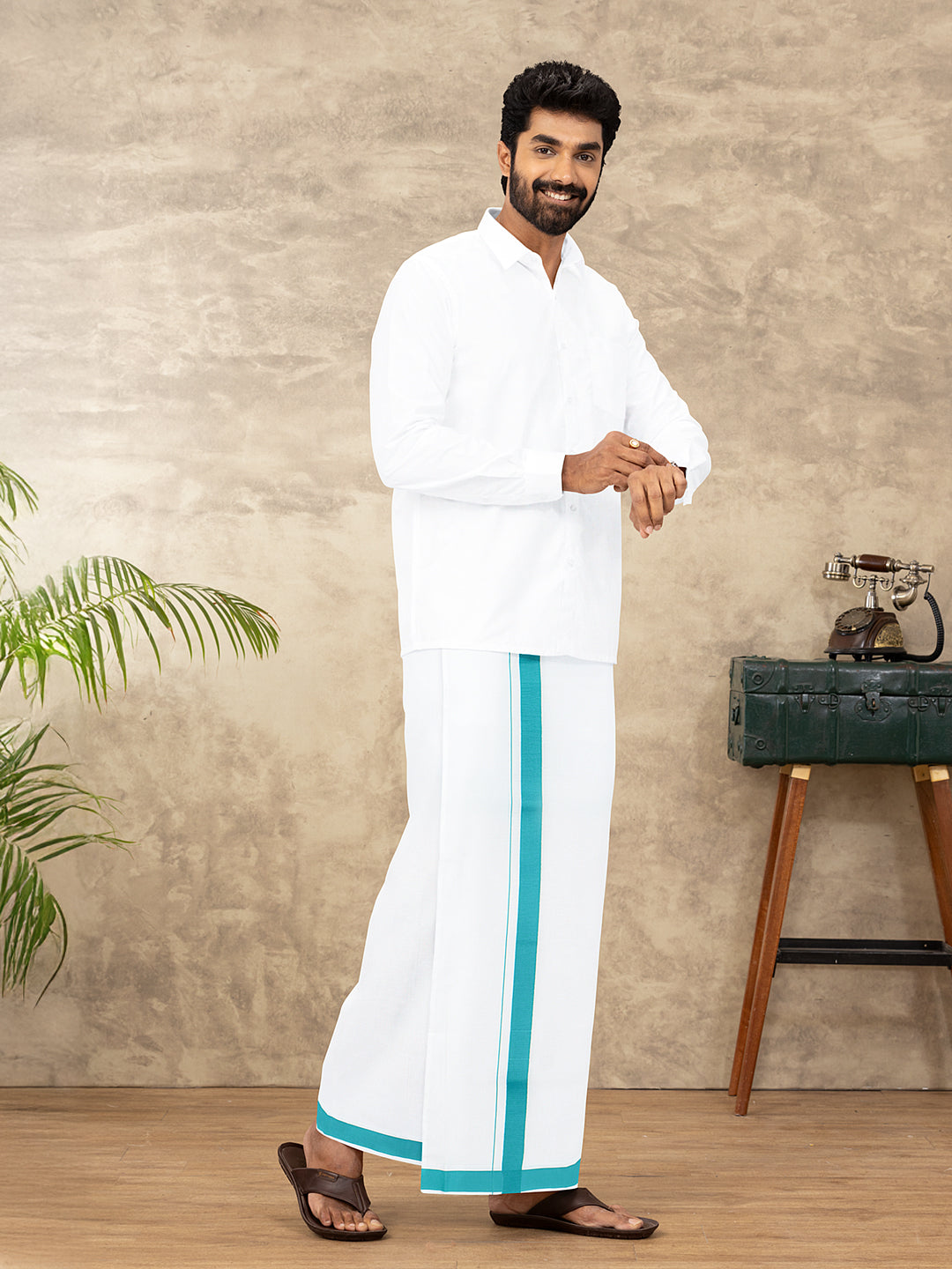 Men Cotton Blend Single Layer White Dhoti with Big Border WS24