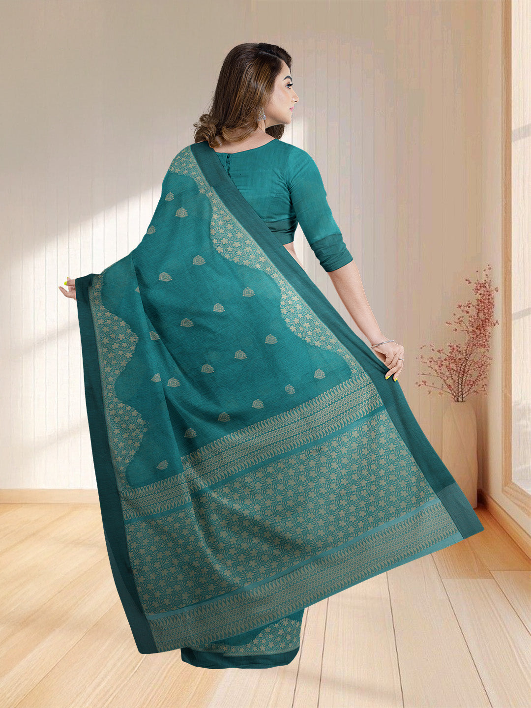 Women Cyan Blue Kora Cotton Saree PCS174
