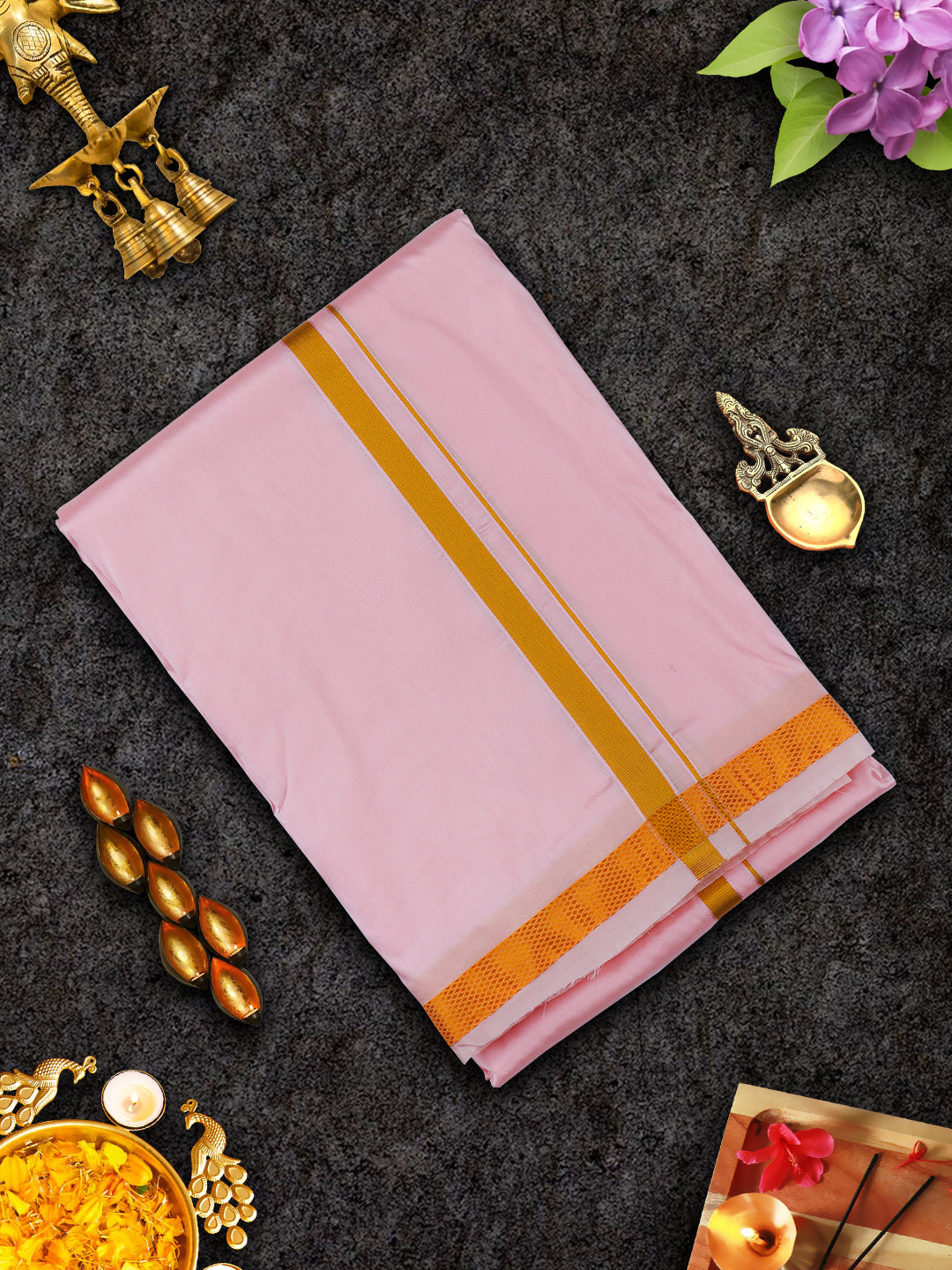 Mens Premium Art Silk Light Pink Shirting & Gold Jari Border Panchakacham Set 9+5 Ashirwath-View two