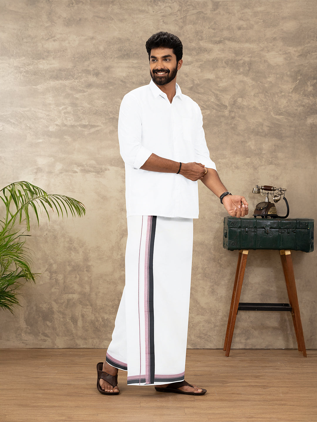 Men 100% Cotton Double Layer White Dhoti with Fancy Border EF01