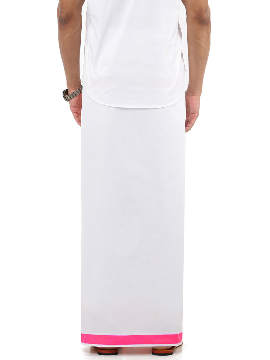 Mens 100% Cotton Double Dhoti White with Pink Border Ozone Plain-Back view