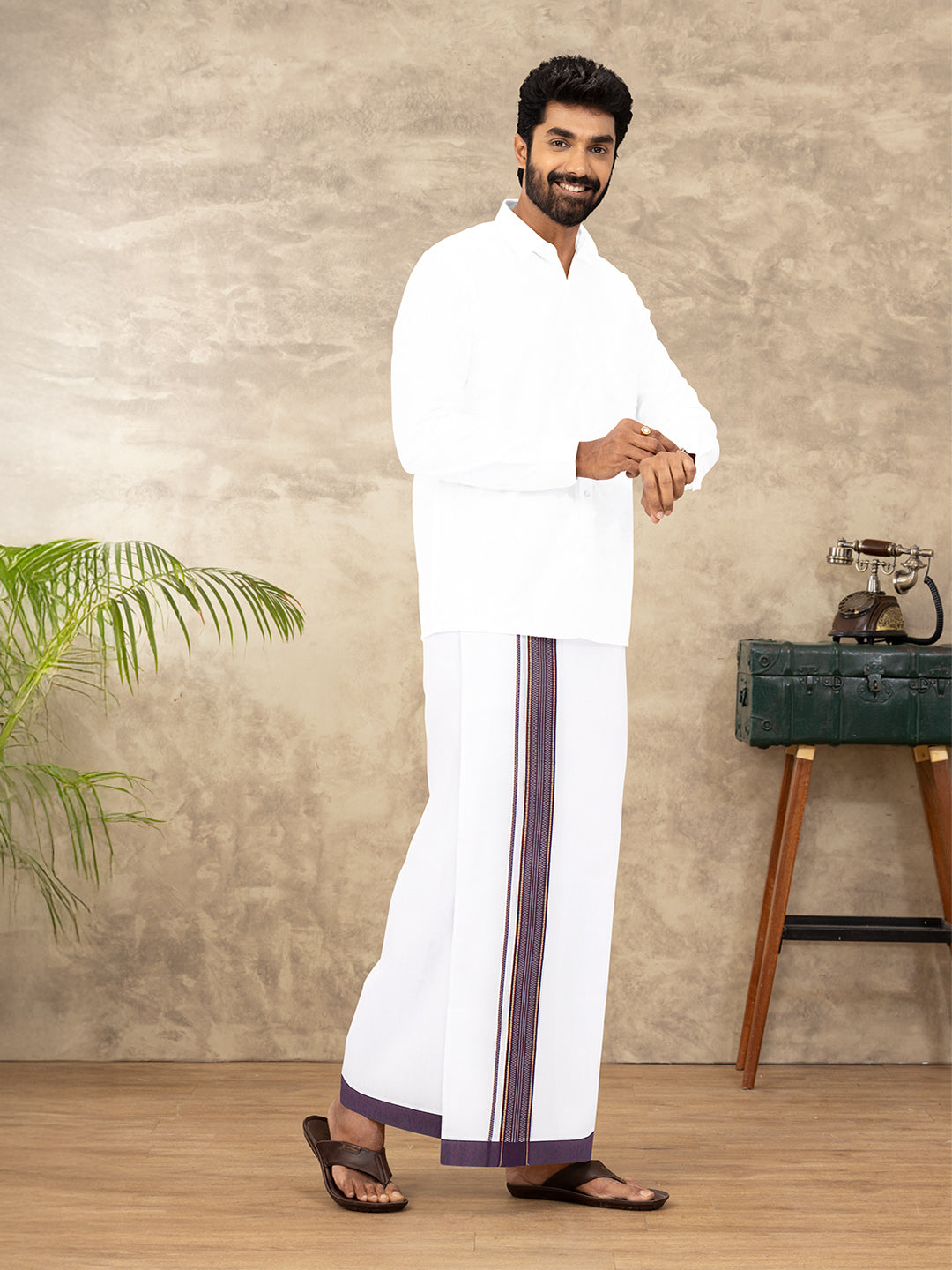 Men 100% Cotton Double Layer White Dhoti with Fancy Jari Border RGF03