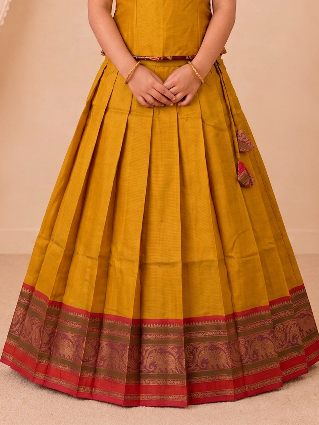 Girls Cotton Mustard Pattu Pavadai Set GPS53