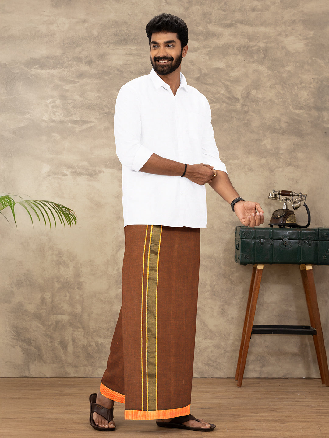 Men Cotton Blend Single Layer Orange Dhoti with Fancy Border CD12