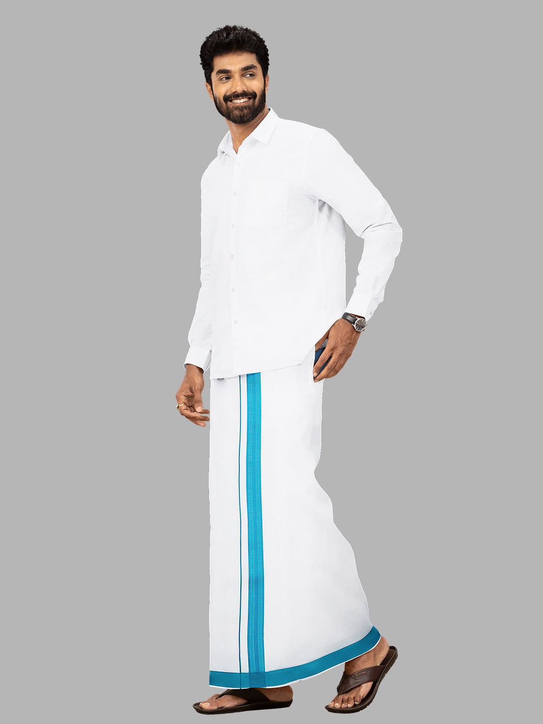 Men Blue Fancy Border Single Layer Adjustable Pocket Dhoti GACF12