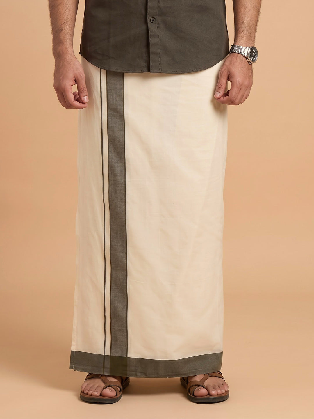 Double Layer 100% Cotton Cream Kora Dhoti with Colour Border - GK01