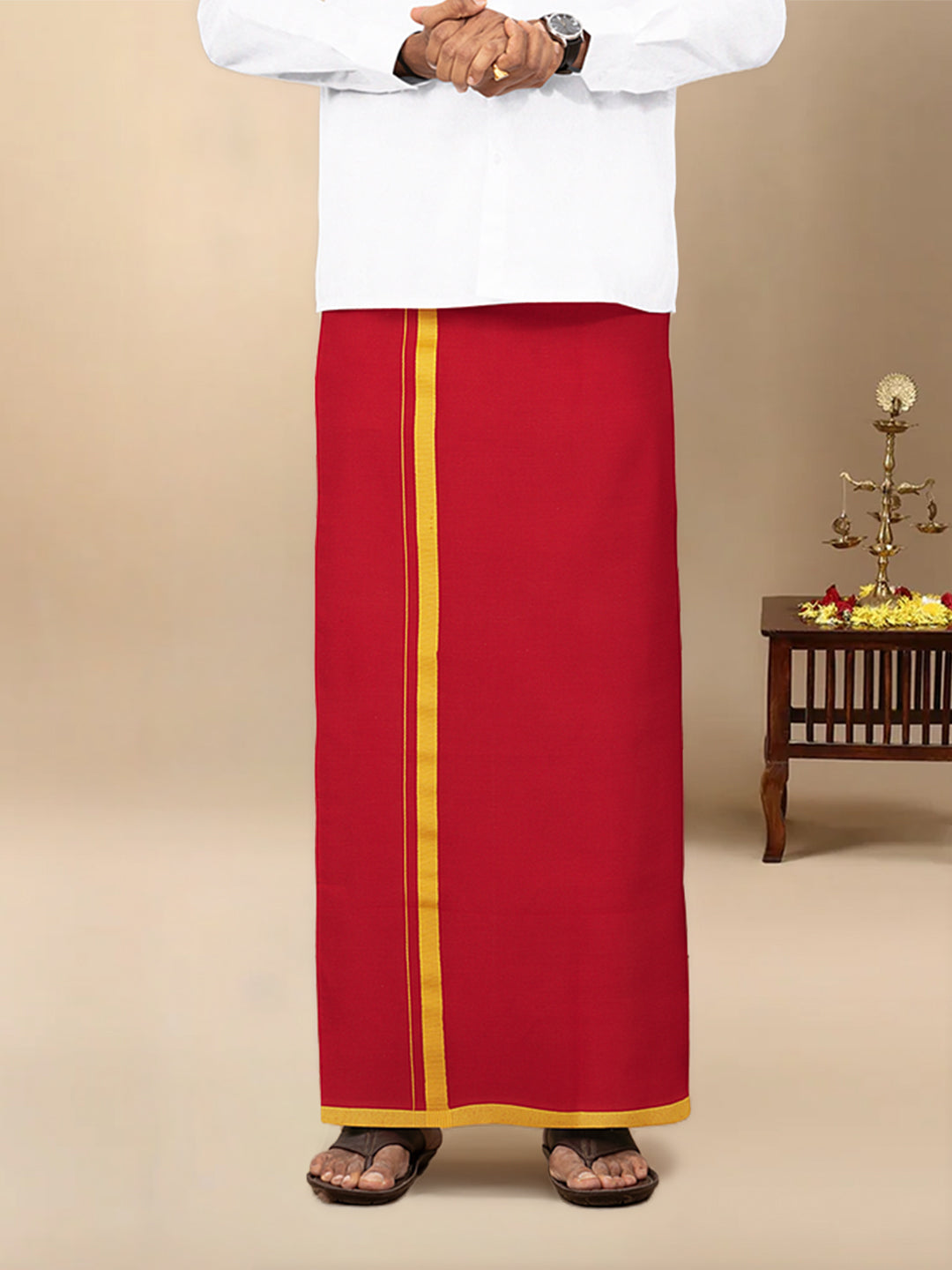 Men Cotton Blend Single Layer Red Dhoti & Towel Set with Yellow Border Poojan
