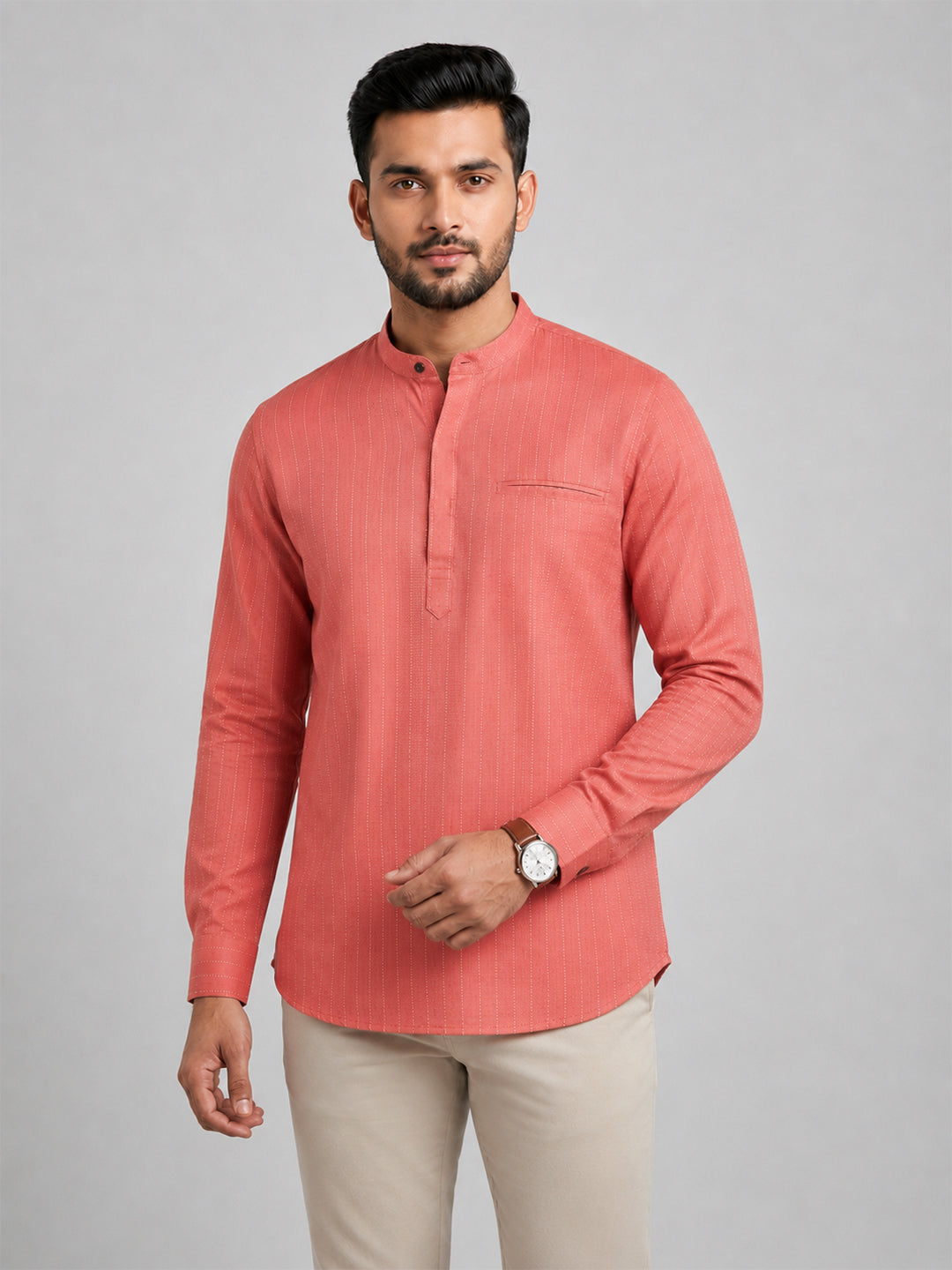 Cotton Short Length Striped Pocket Kurta Orange Pink RJ18
