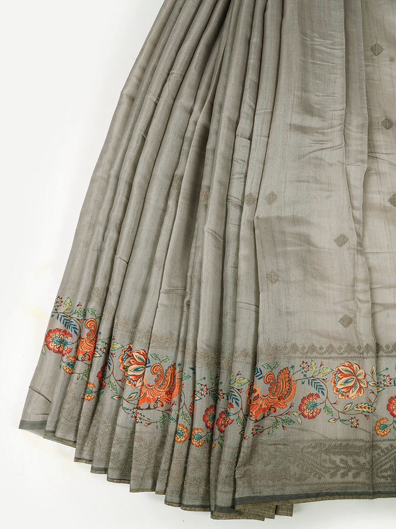 Semi Raw Silk Grey Colour Printed Saree with Embroidered Border SRS15