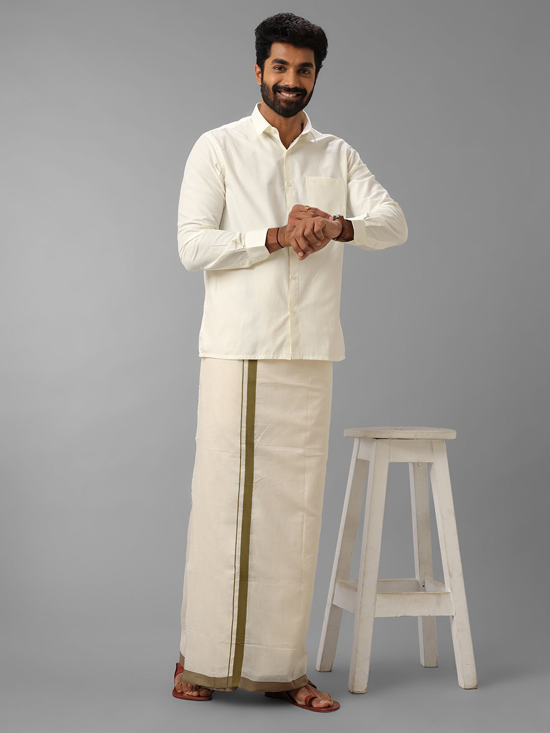 Men Green Border Double Layer Kora Dhoti VKS01