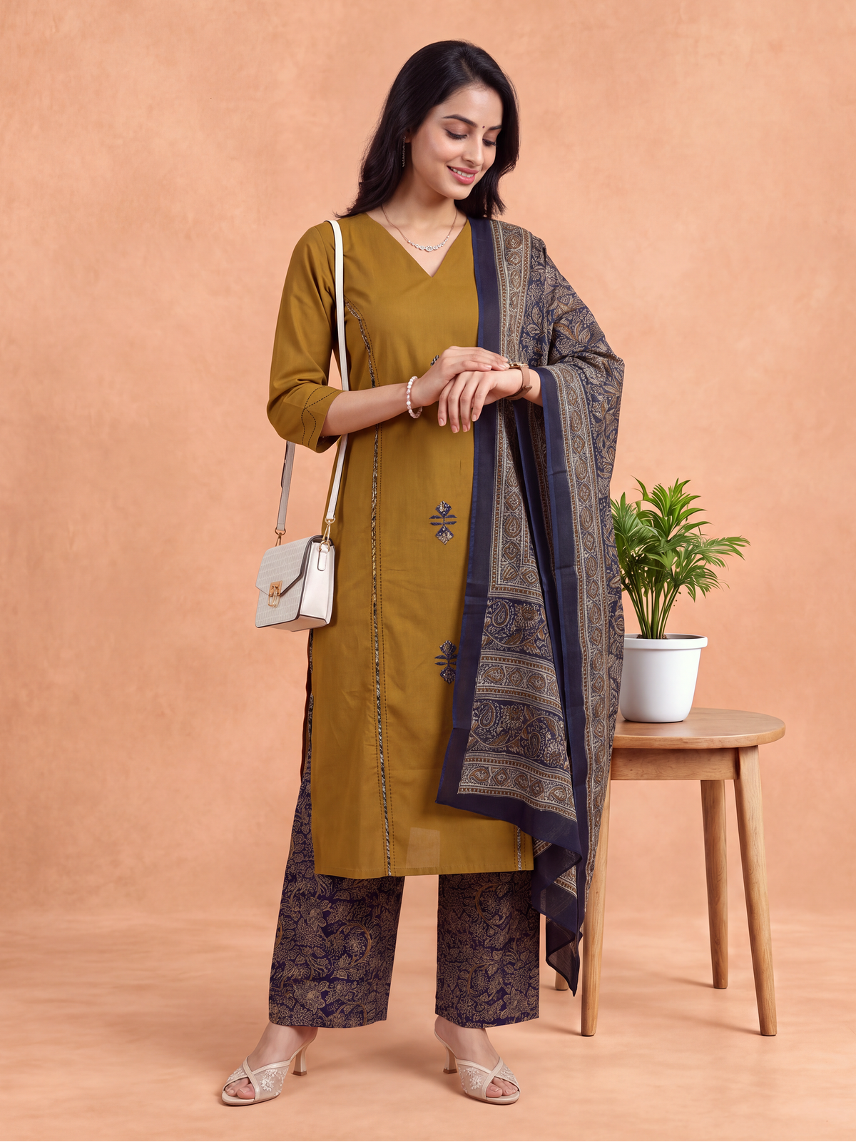 Women Floral Printed Mustard Kurti Set EKS156