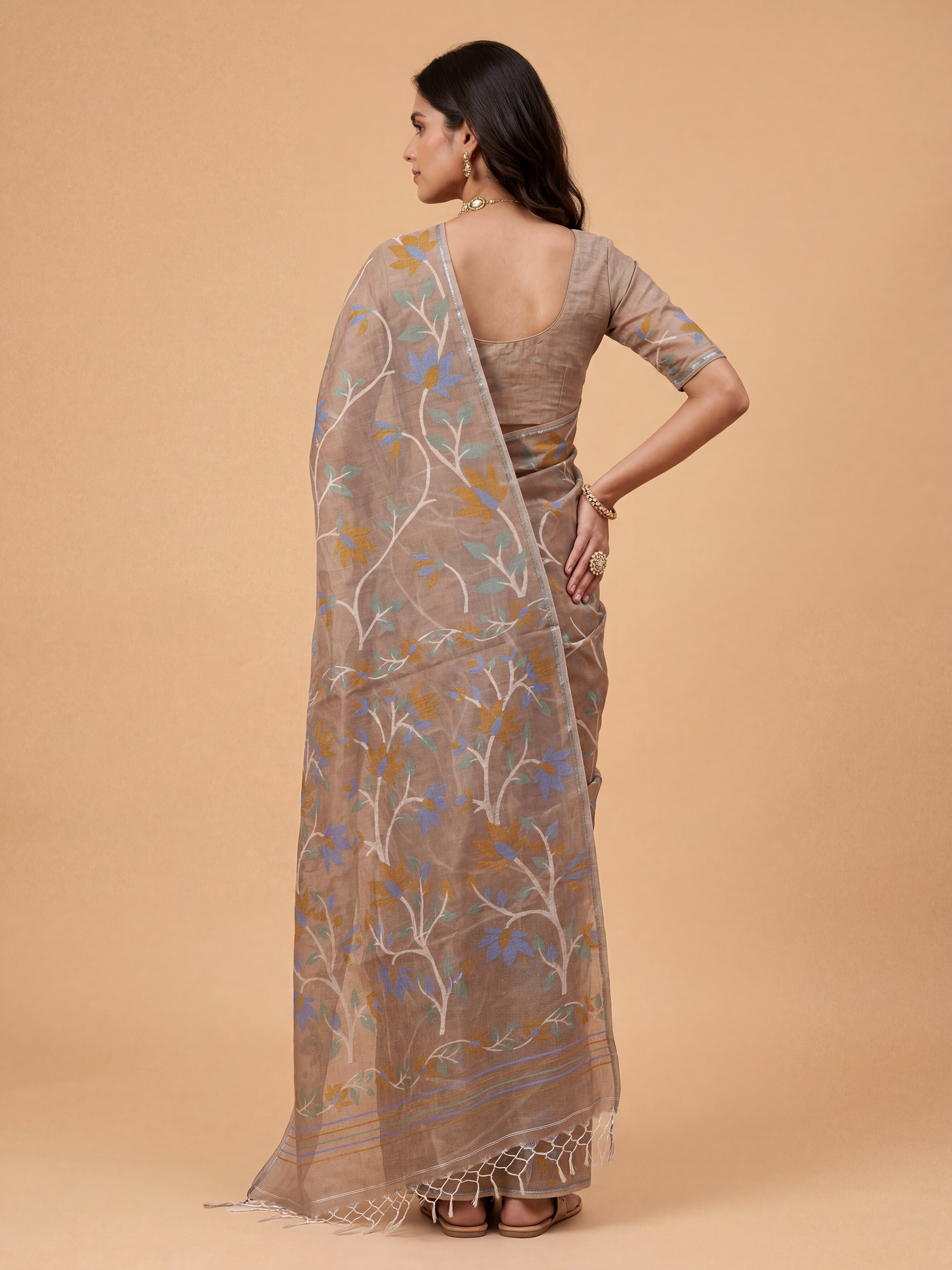 Women Semi Linen Printed Brown Saree SL252