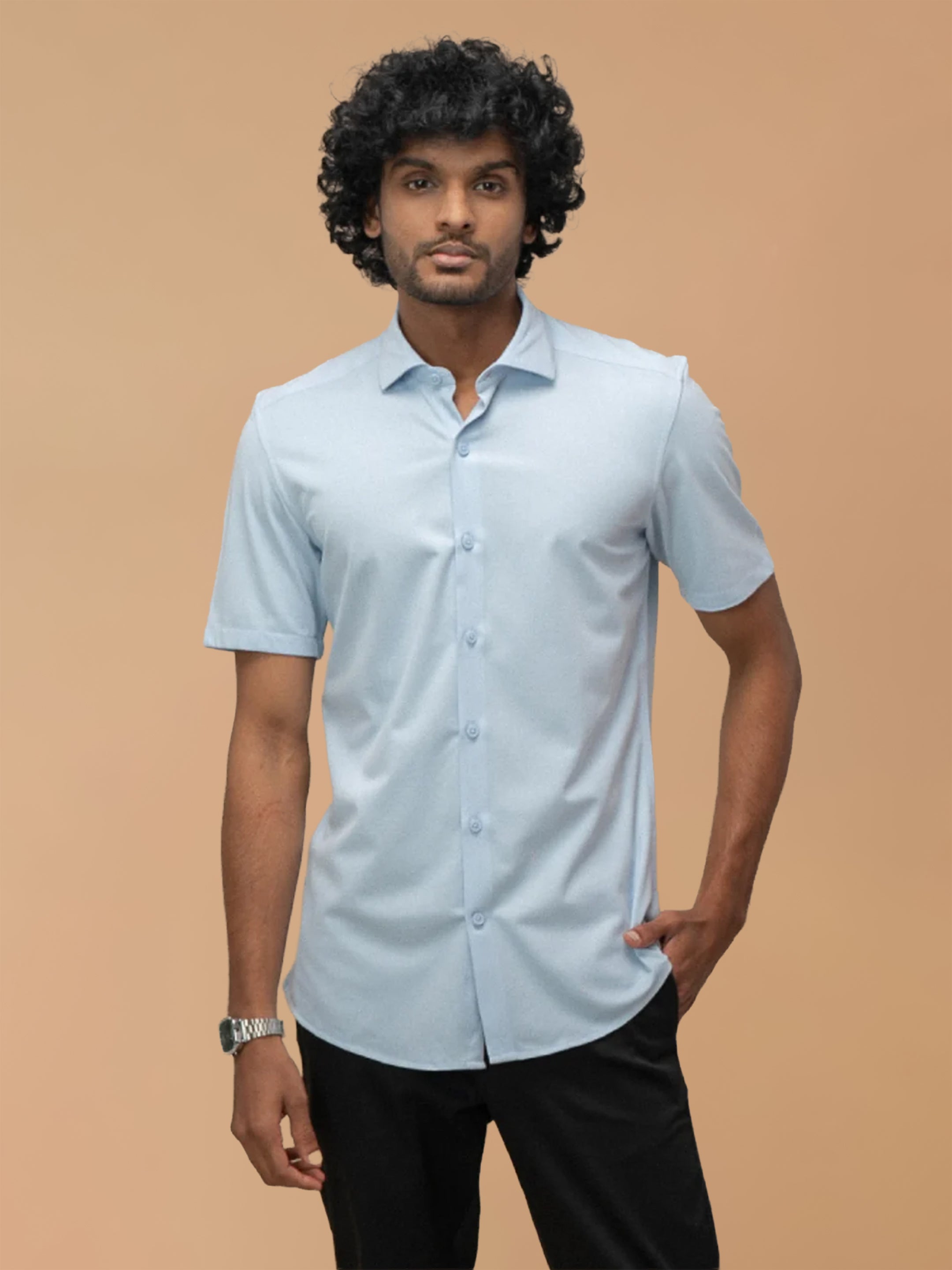 Cotton Rich Sky Blue Slim Fit Knit Shirt ER3