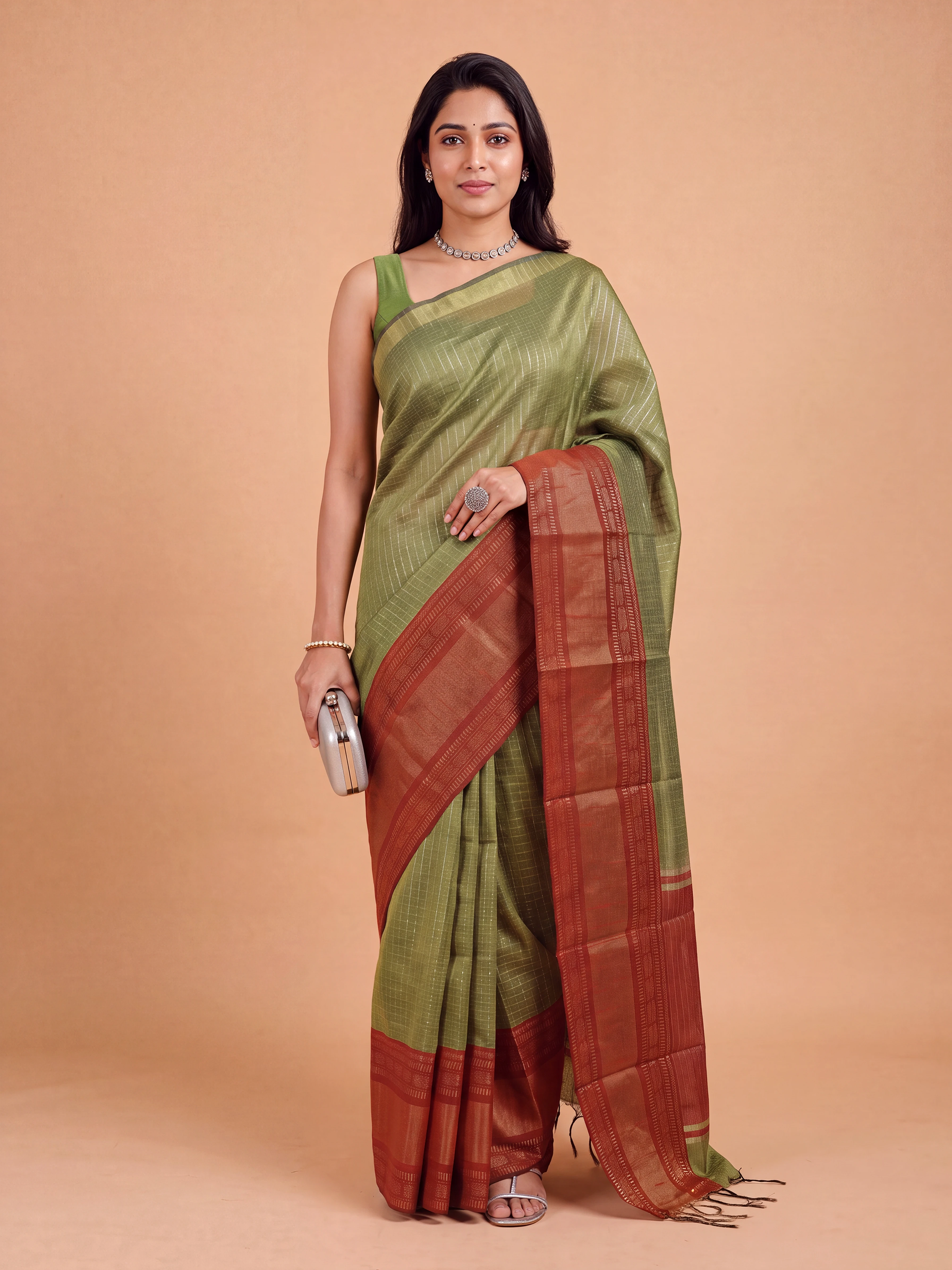 Women Semi Linen Green Checked Fancy Saree SL263