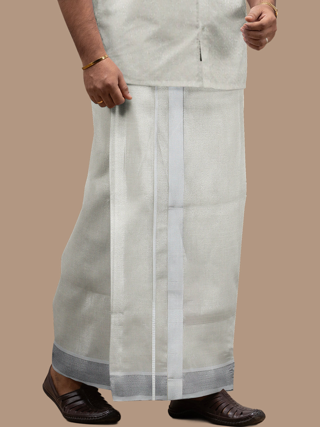 Men Tissue Double Layer Dhoti with Silver Jari Border Tissue Silver