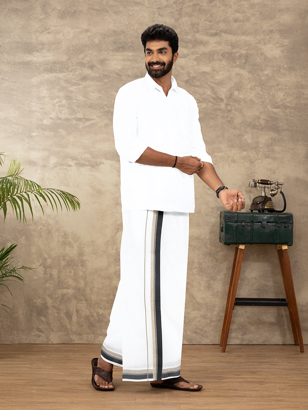 Men 100% Cotton Double Layer White Dhoti with Fancy Border EF03